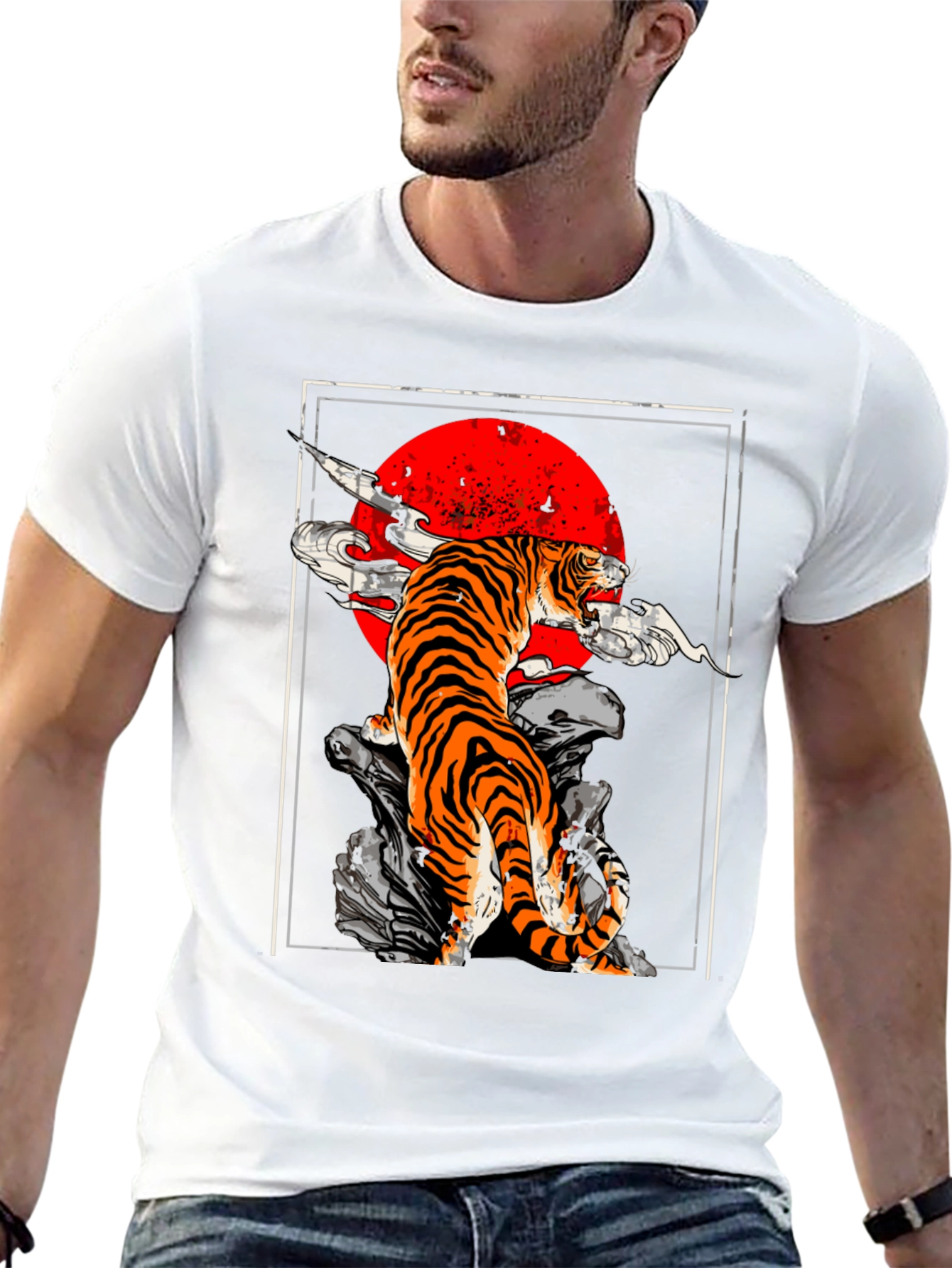 Black Tiger Red Sun Graphic Tee - Black Cotton T-Shirt view 13