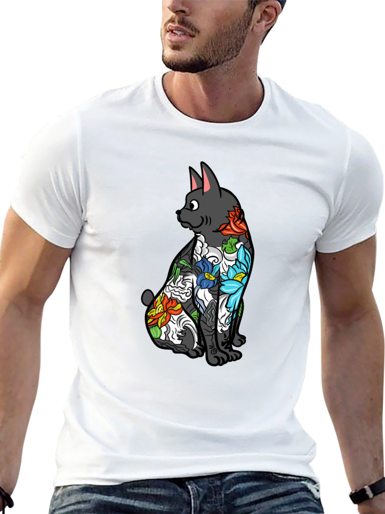 Black Floral Tattoo Cat Graphic Tee - Black Unisex Shirt view 13