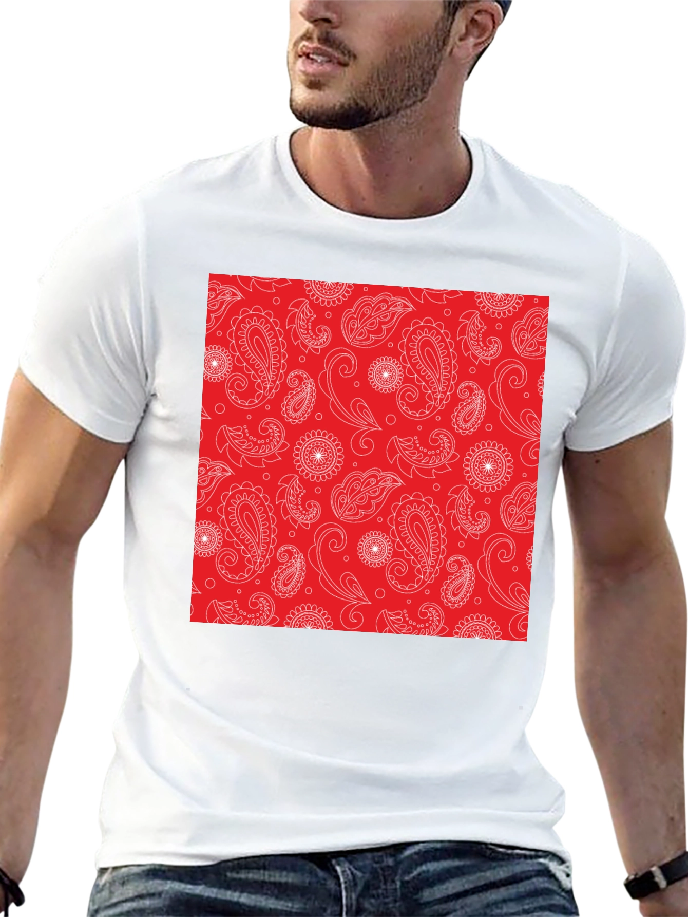Black Red Paisley Patterned T-Shirt - Classic Style view 13