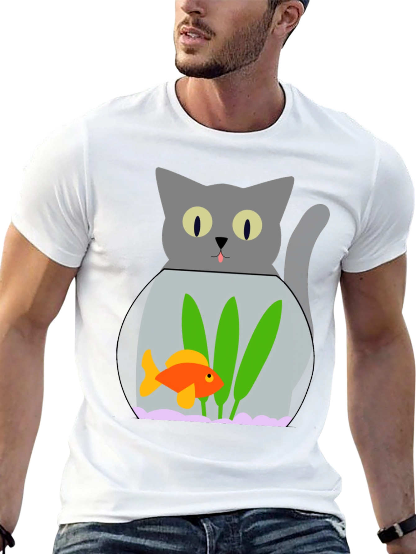 Black Cat & Goldfish Bowl Graphic T-Shirt - Novelty Tee view 13