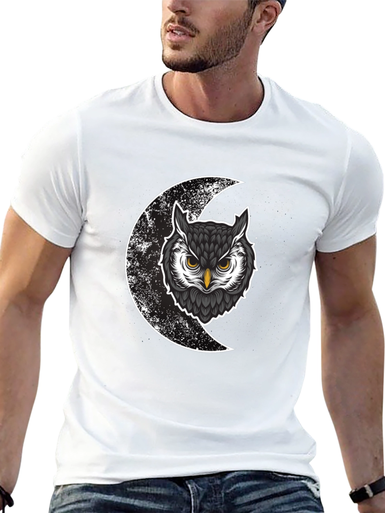 Black Owl & Moon Graphic Tee - Men's Black Cotton T-Shirt view 13