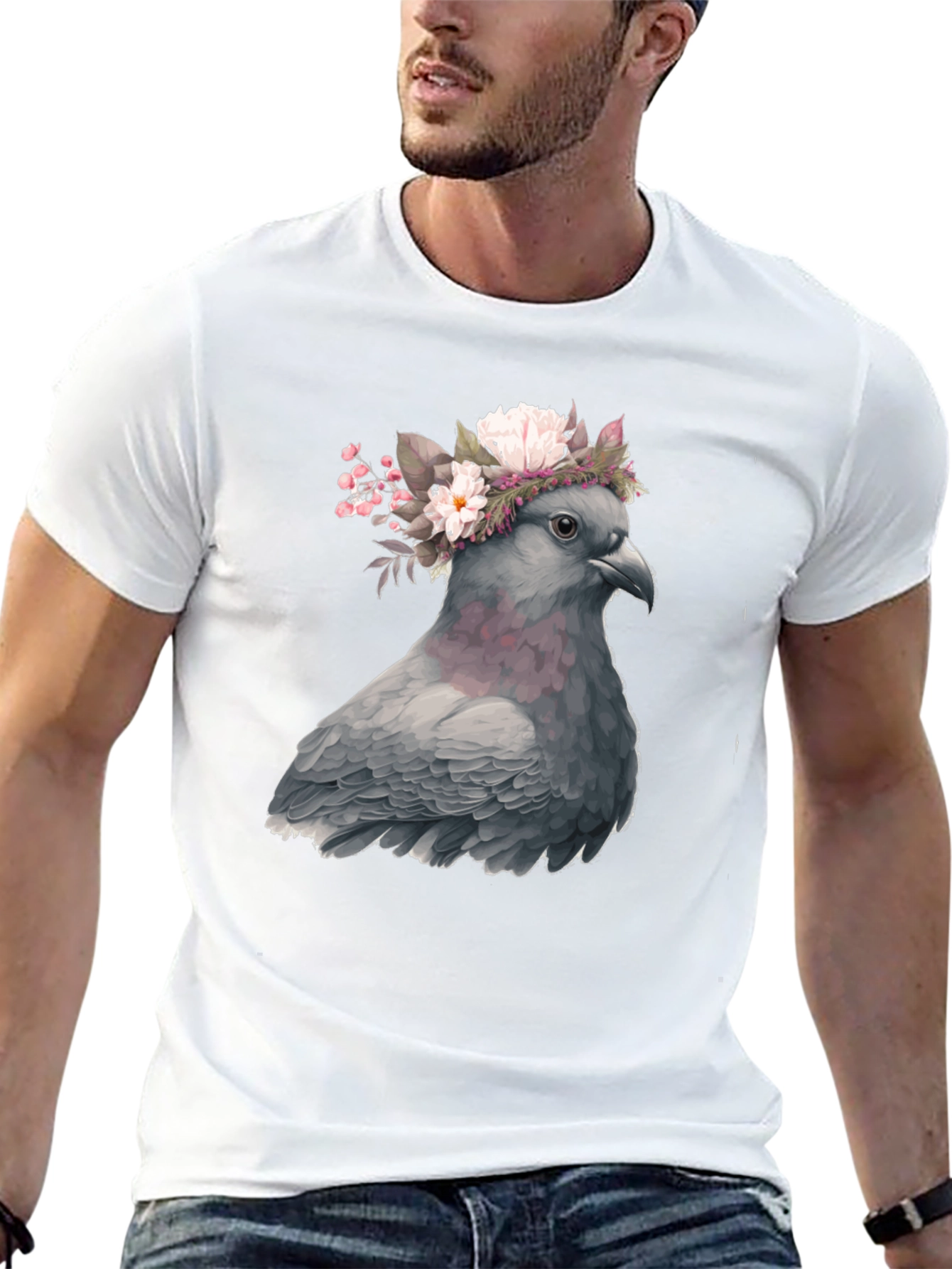 Black Pigeon Floral Crown Graphic Tee - Unique Bird Lover's Shirt view 13
