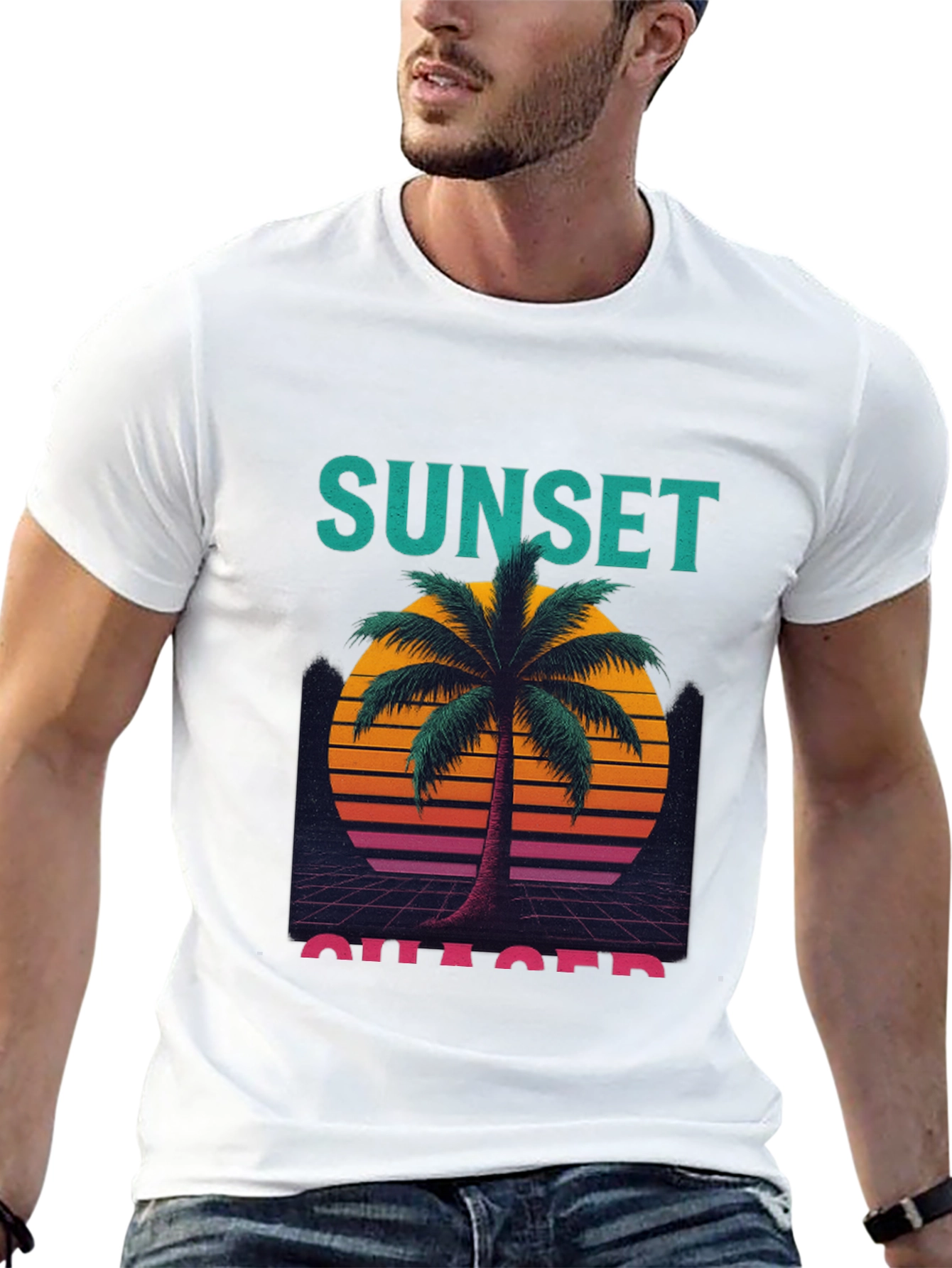 Black Sunset Chaser Graphic T-Shirt - Retro Palm Tree Design view 13