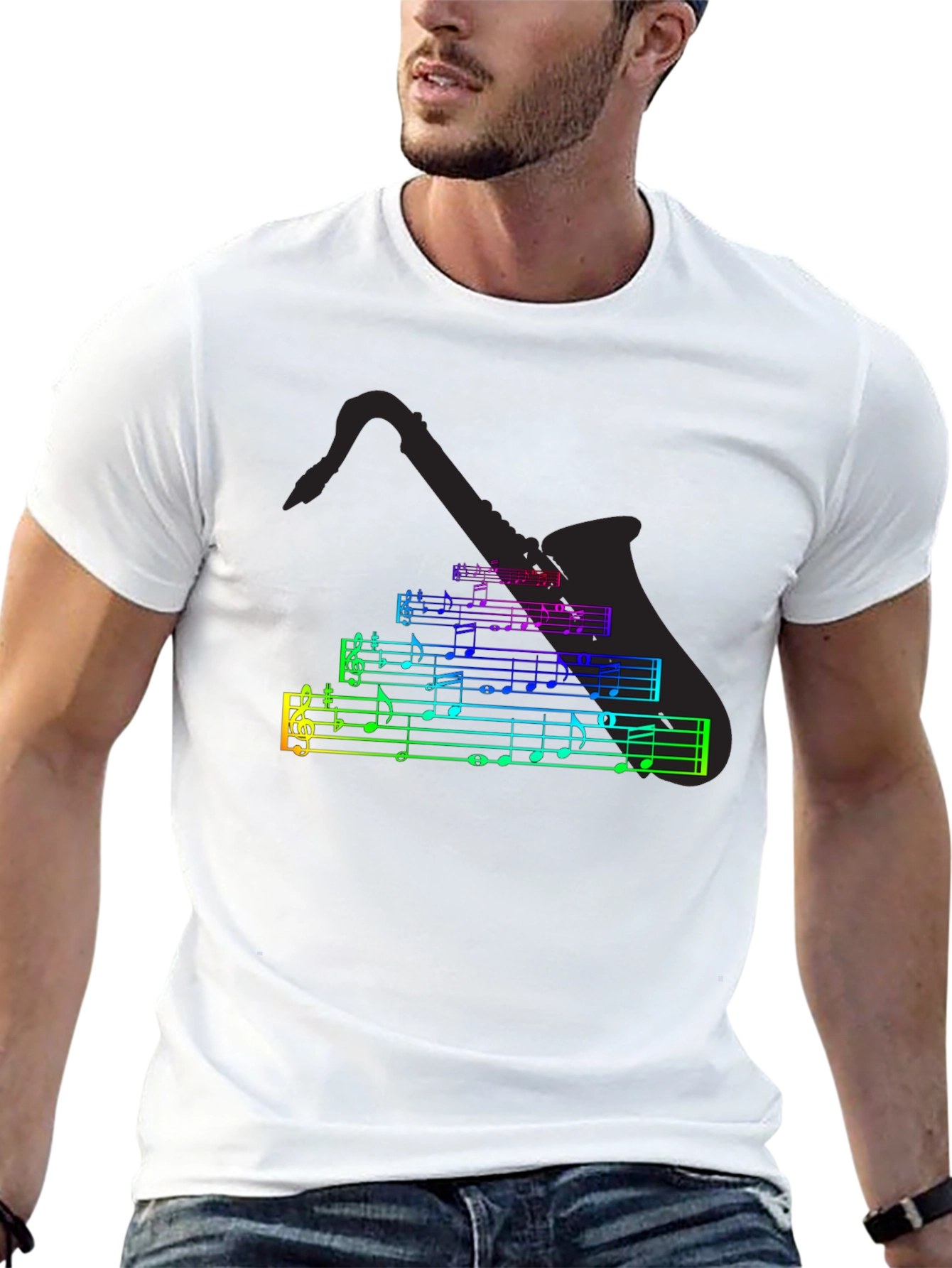 Black Music Notes Saxophone T-Shirt - Black Cotton Tee view 13