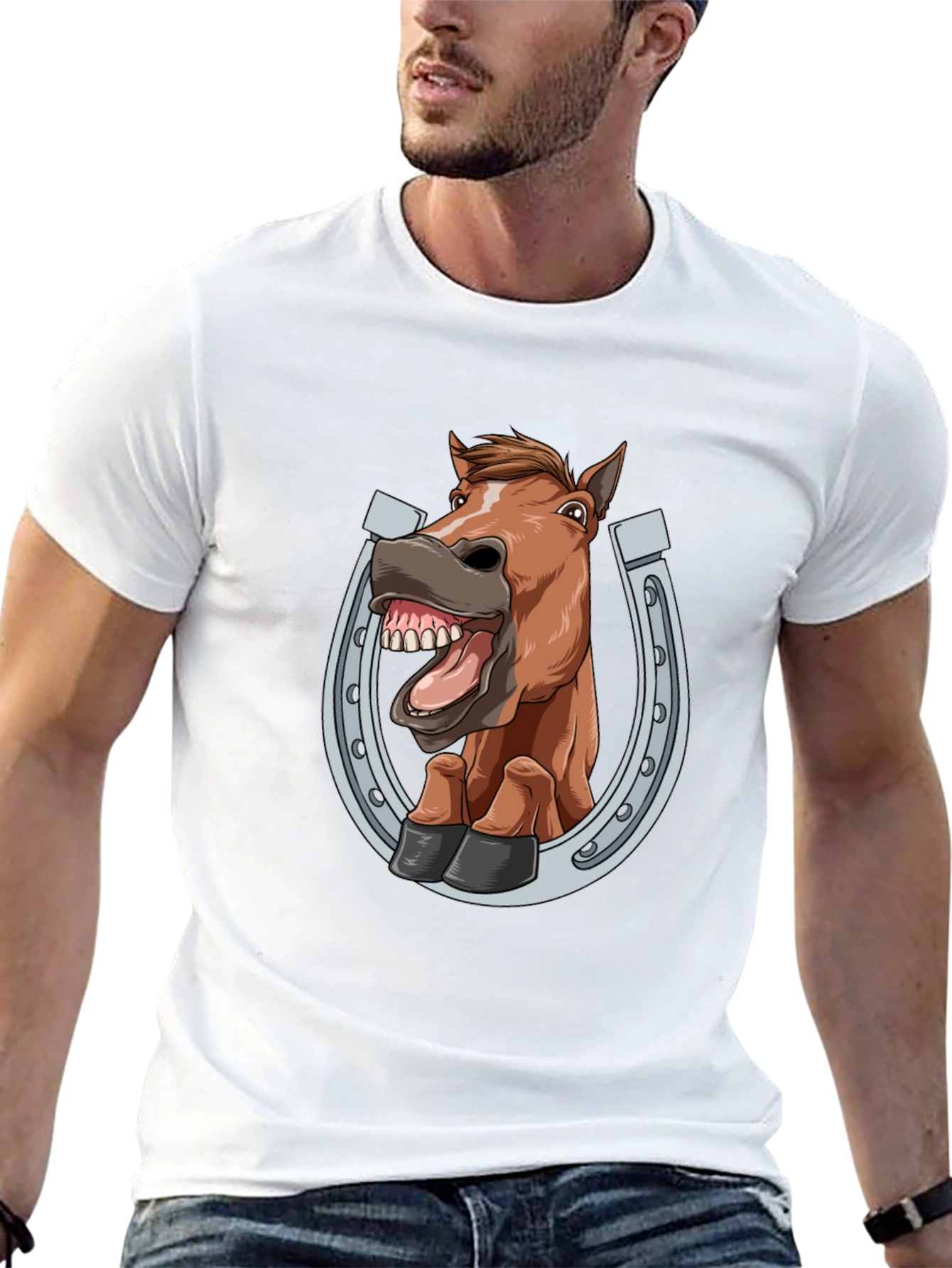 Black Funny Horse in Horseshoe Graphic Tee - Black T-Shirt view 13