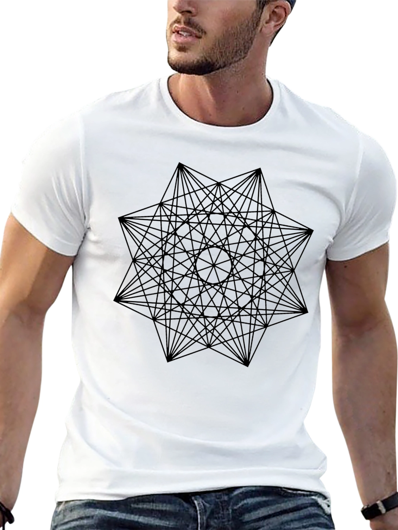 Black Geometric Starburst Graphic Tee - Black Cotton Casual T-Shirt view 13