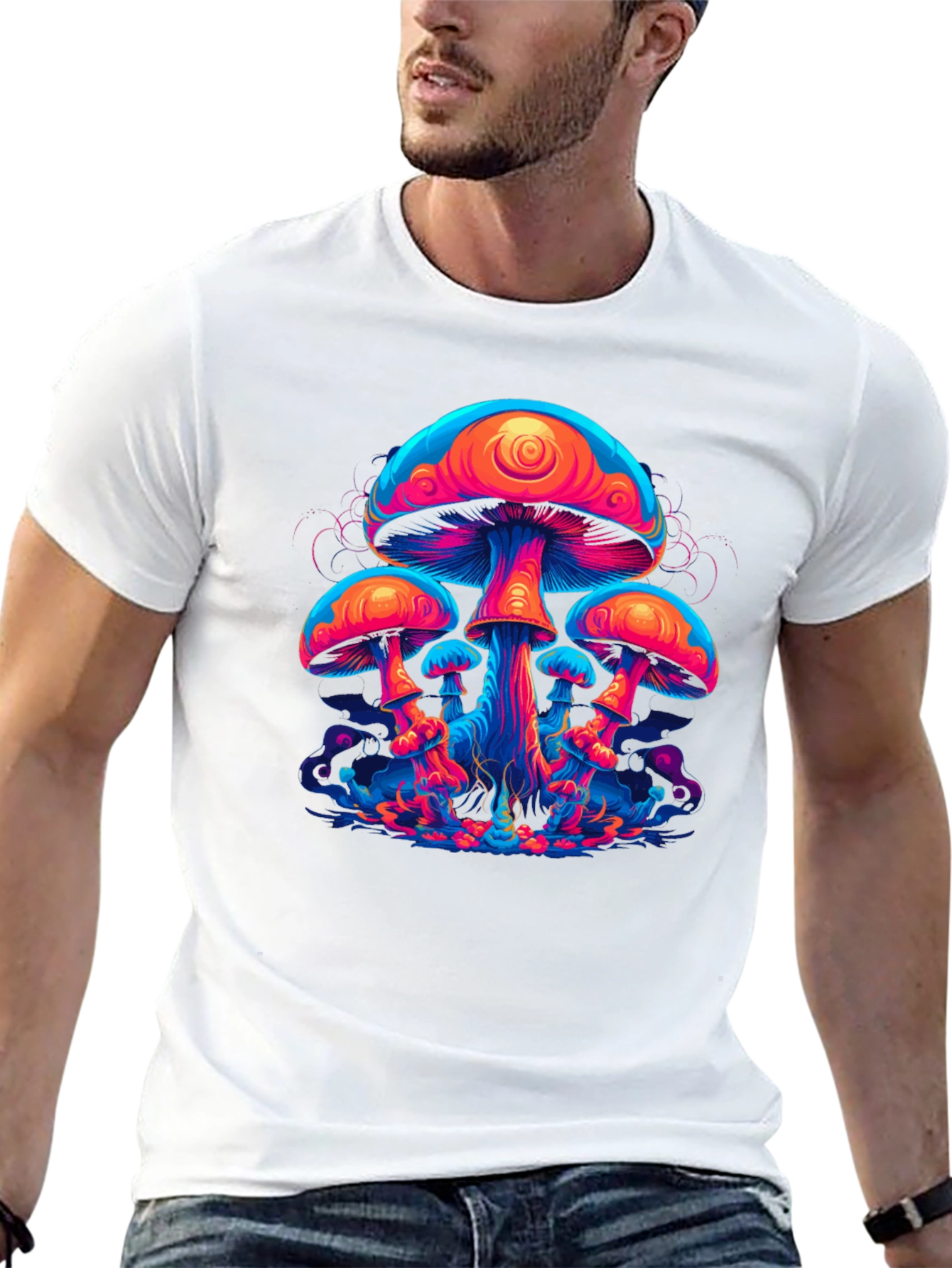 Black Neon Mushroom Graphic Tee - Psychedelic Black T-Shirt view 13