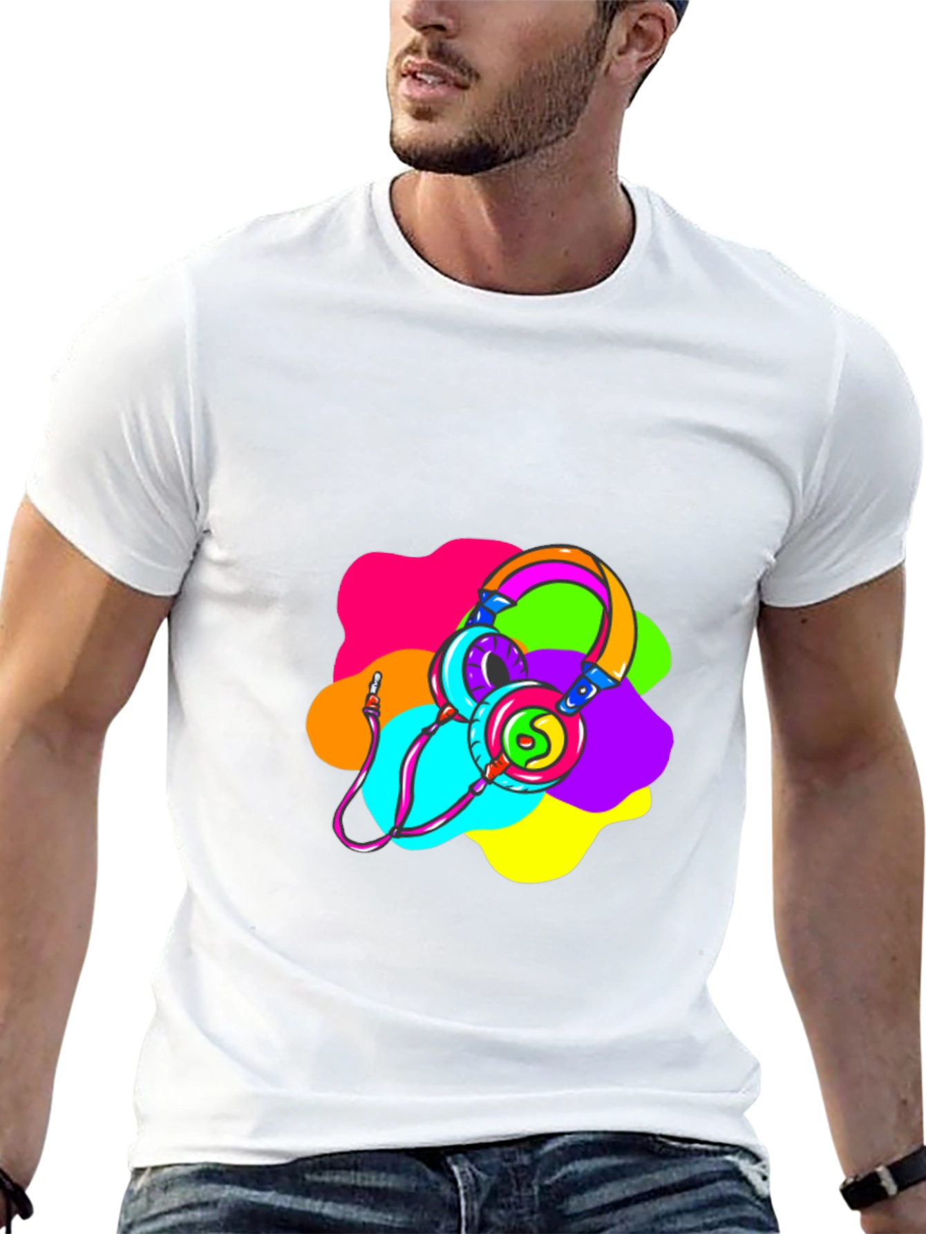 Black Vibrant Headphones Graphic T-Shirt view 13