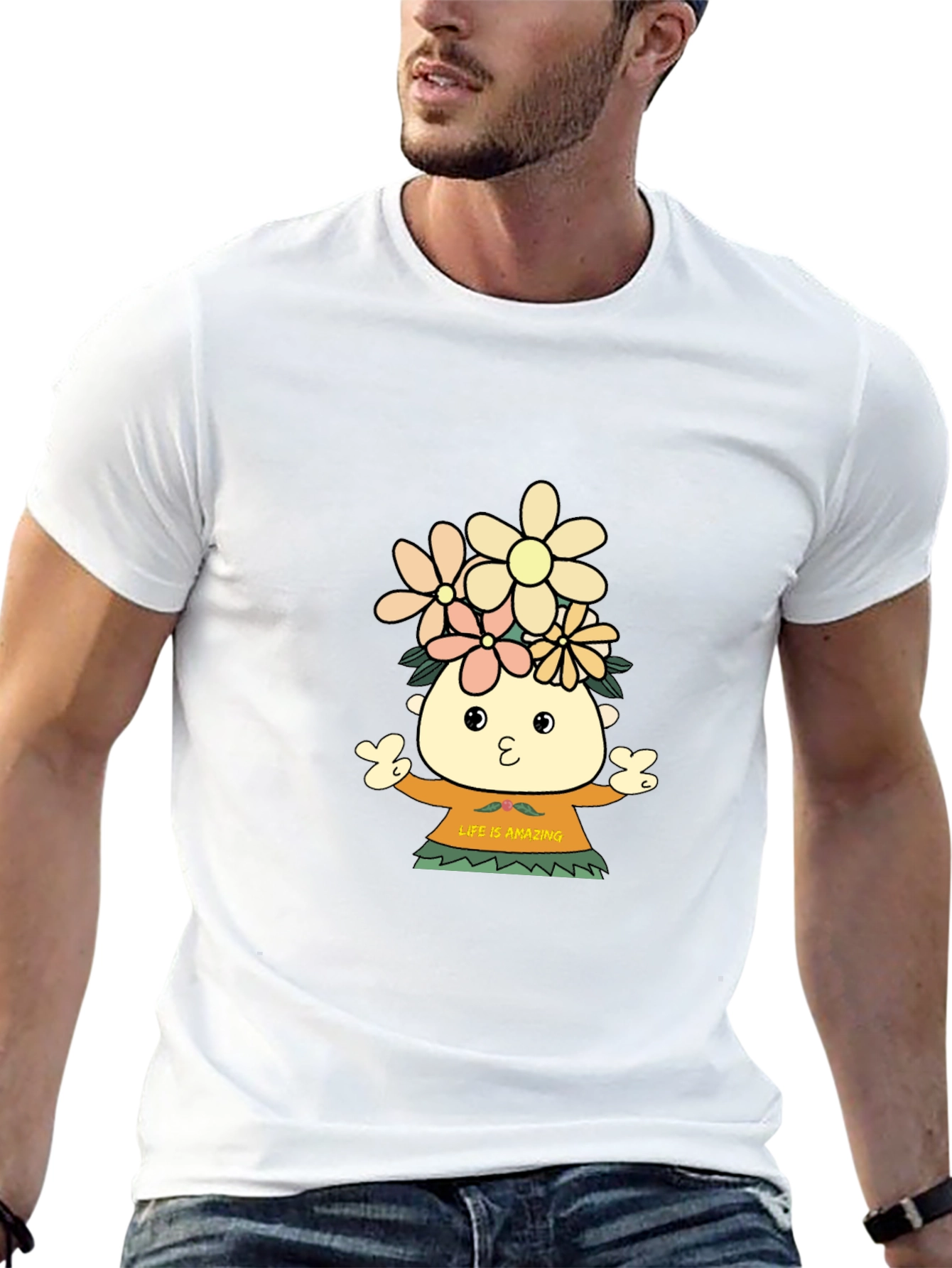 Black Black T-Shirt with Cartoon Flower Child Design view 13
