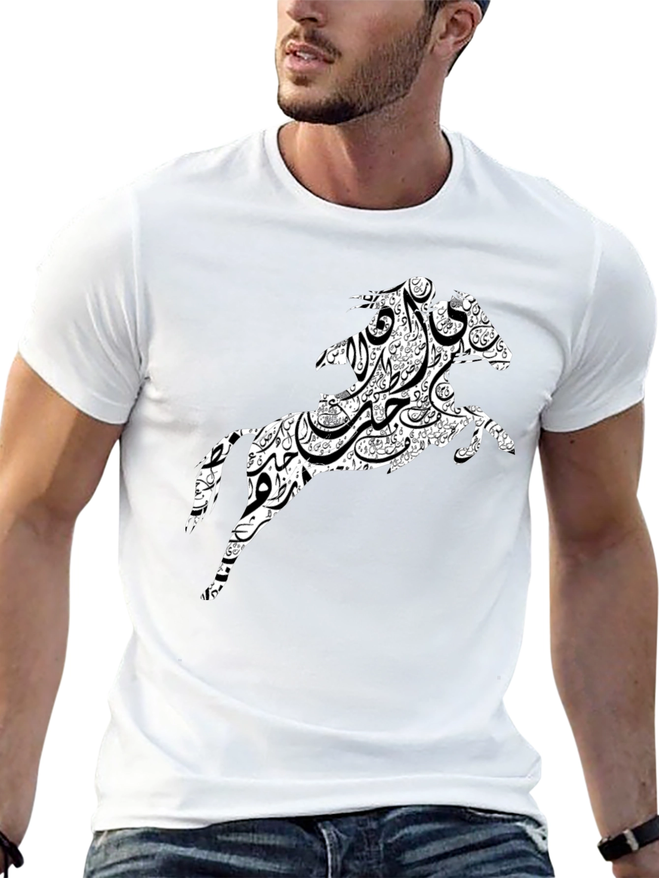 Black Arabic Horse Graphic T-Shirt - Black Cotton Tee view 13