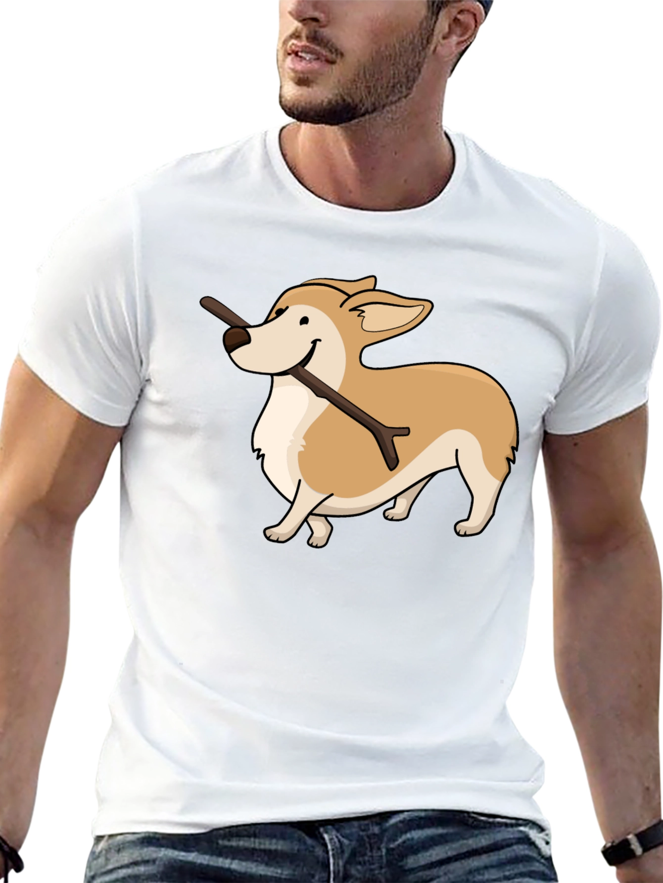 Black Corgi With Stick Graphic T-Shirt view 13