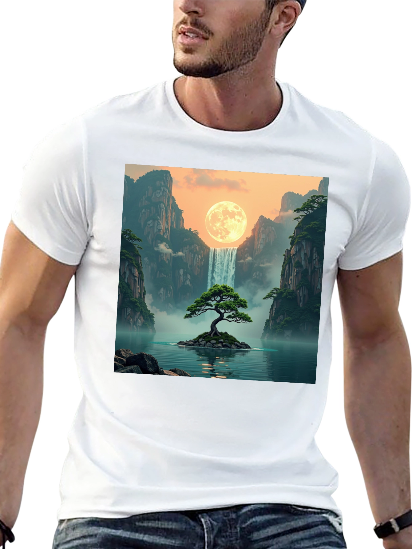 Black Waterfall Moon Bonsai Tree Graphic T-Shirt view 13