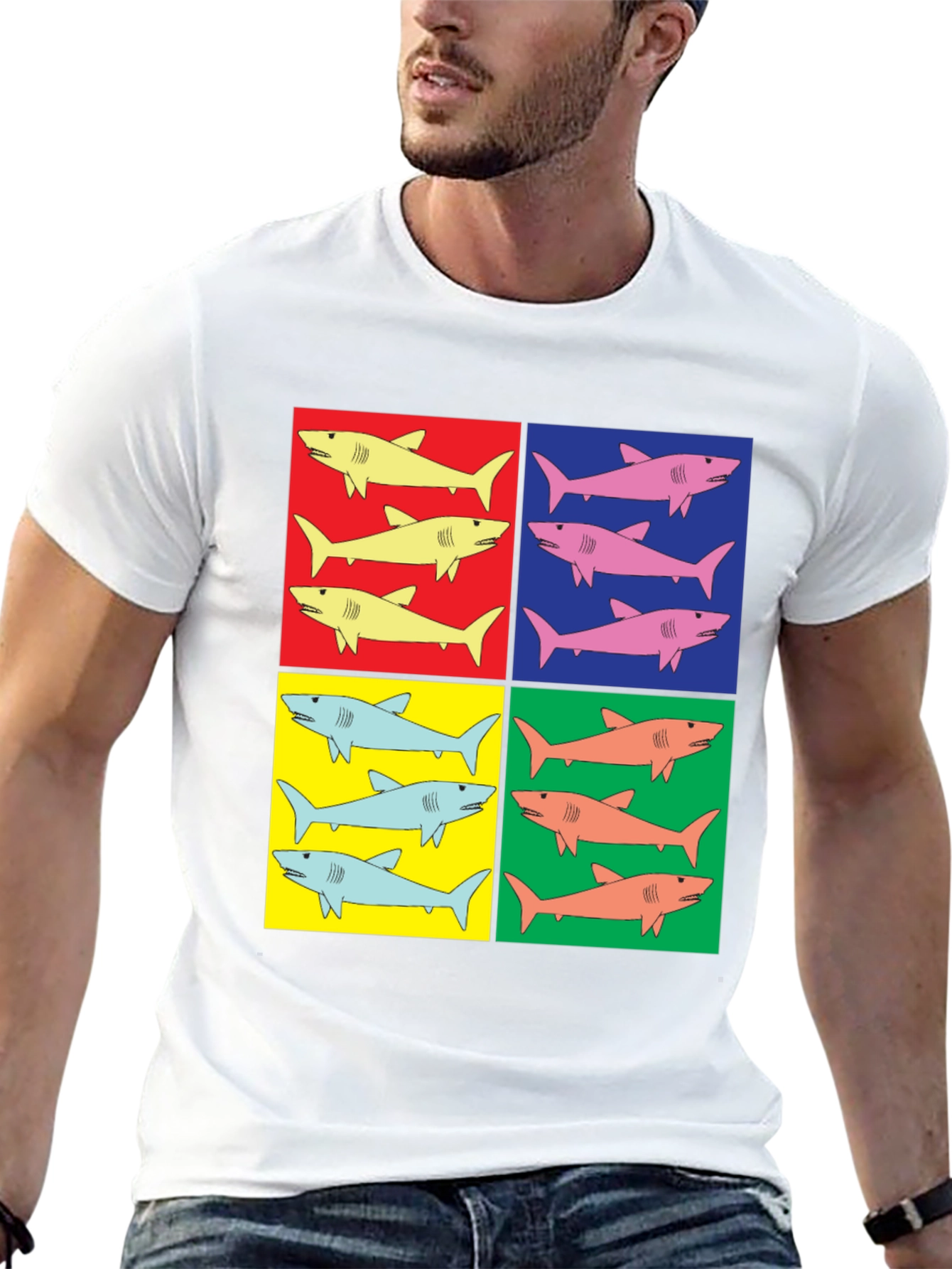 Black Shark Pop Art T-Shirt - Colorful Graphic Tee view 13