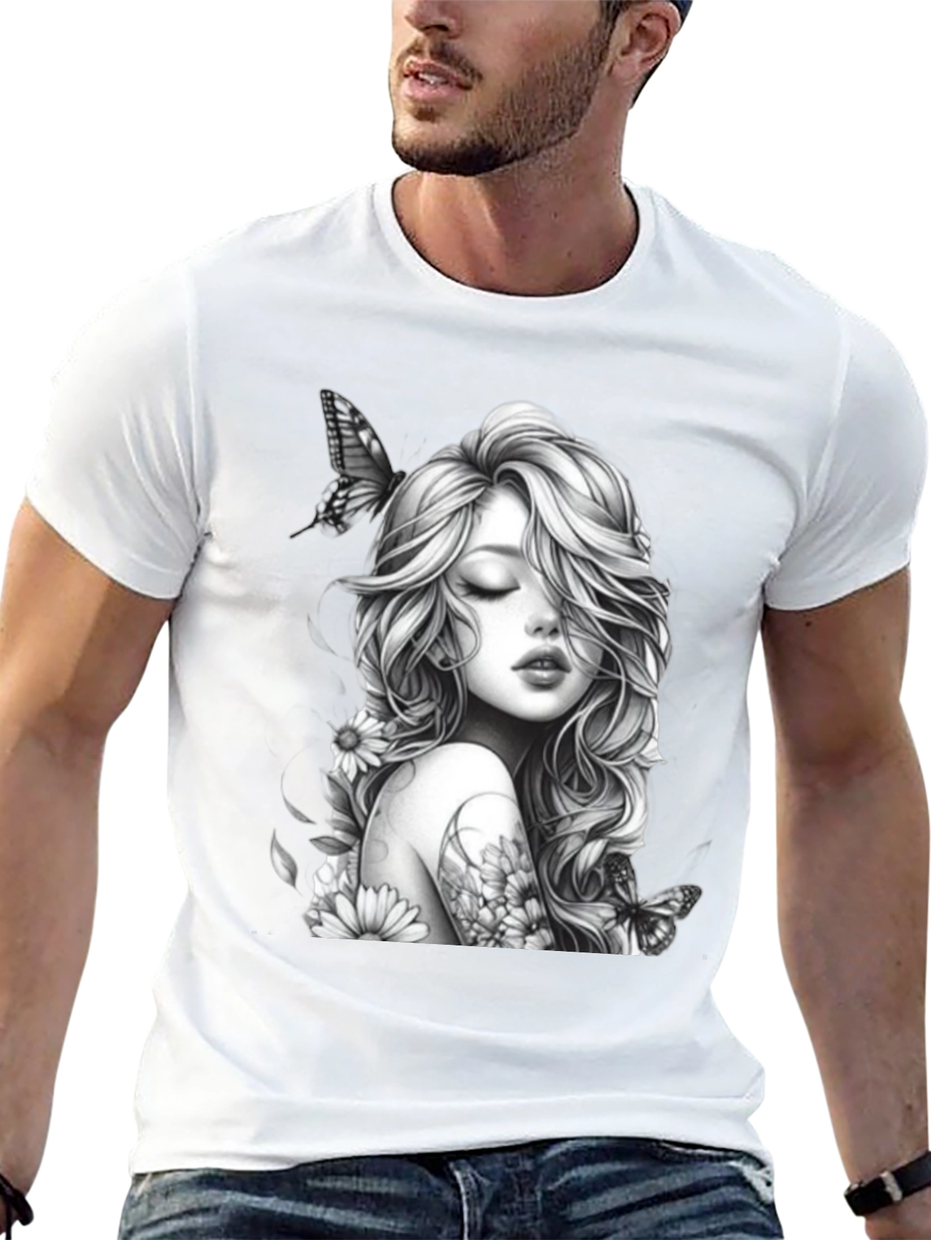 Black Black T-Shirt with Woman and Butterfly Design view 13