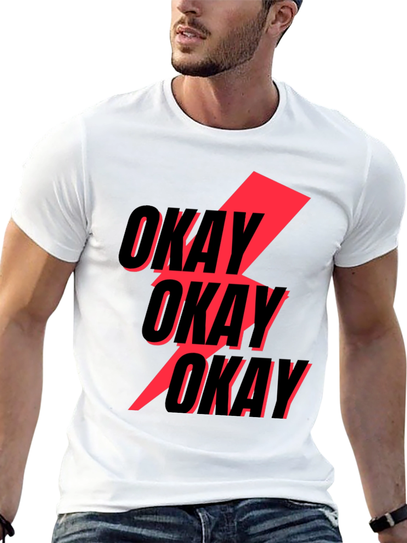 Black Okay Graphic T-Shirt - Bold Red Lightning Bolt Design view 13