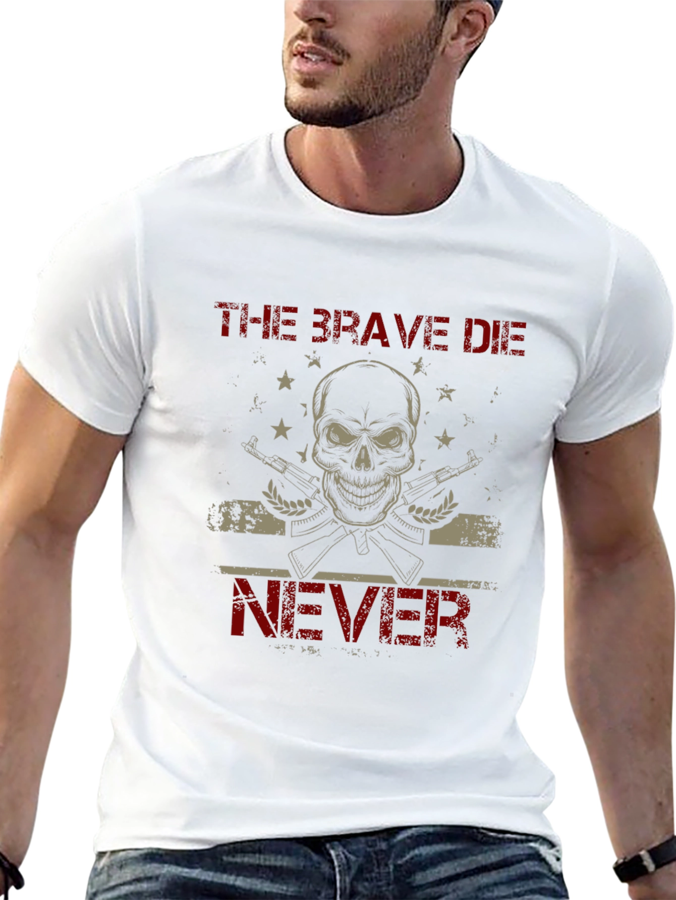 Black The Brave Die Never Skull Graphic T-Shirt view 13