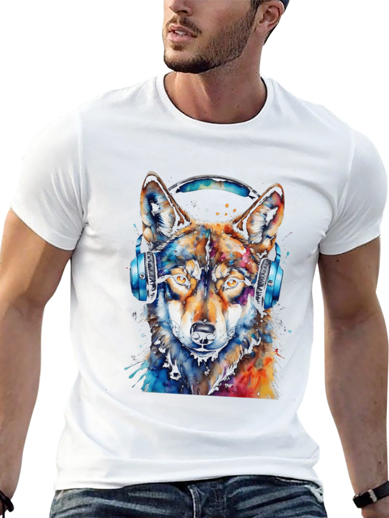 Black Wolf Headphone Graphic Black T-Shirt view 13