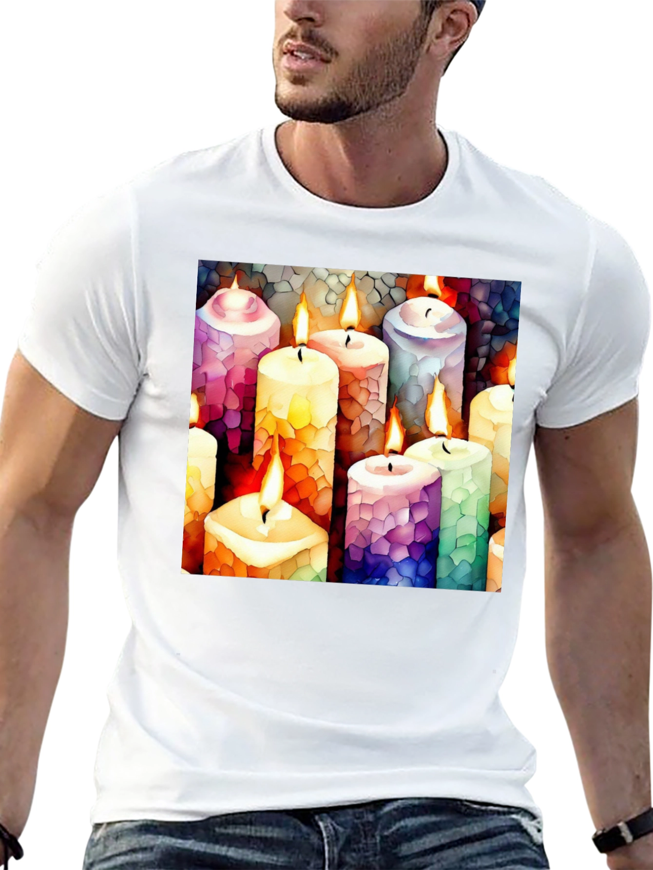 Black Artistic Candle Print Black T-Shirt view 13