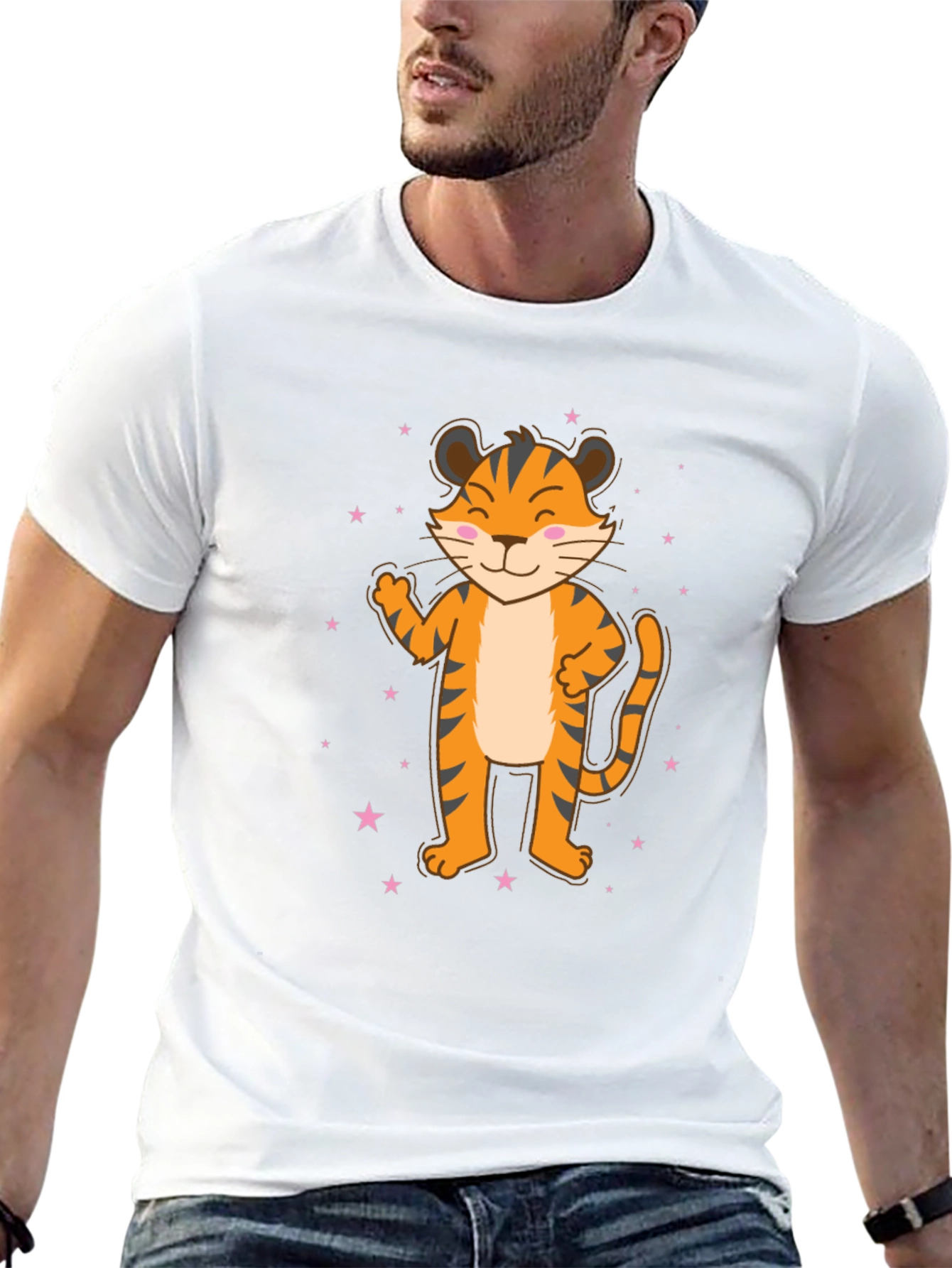 Black Cute Cartoon Tiger Black T-Shirt view 13