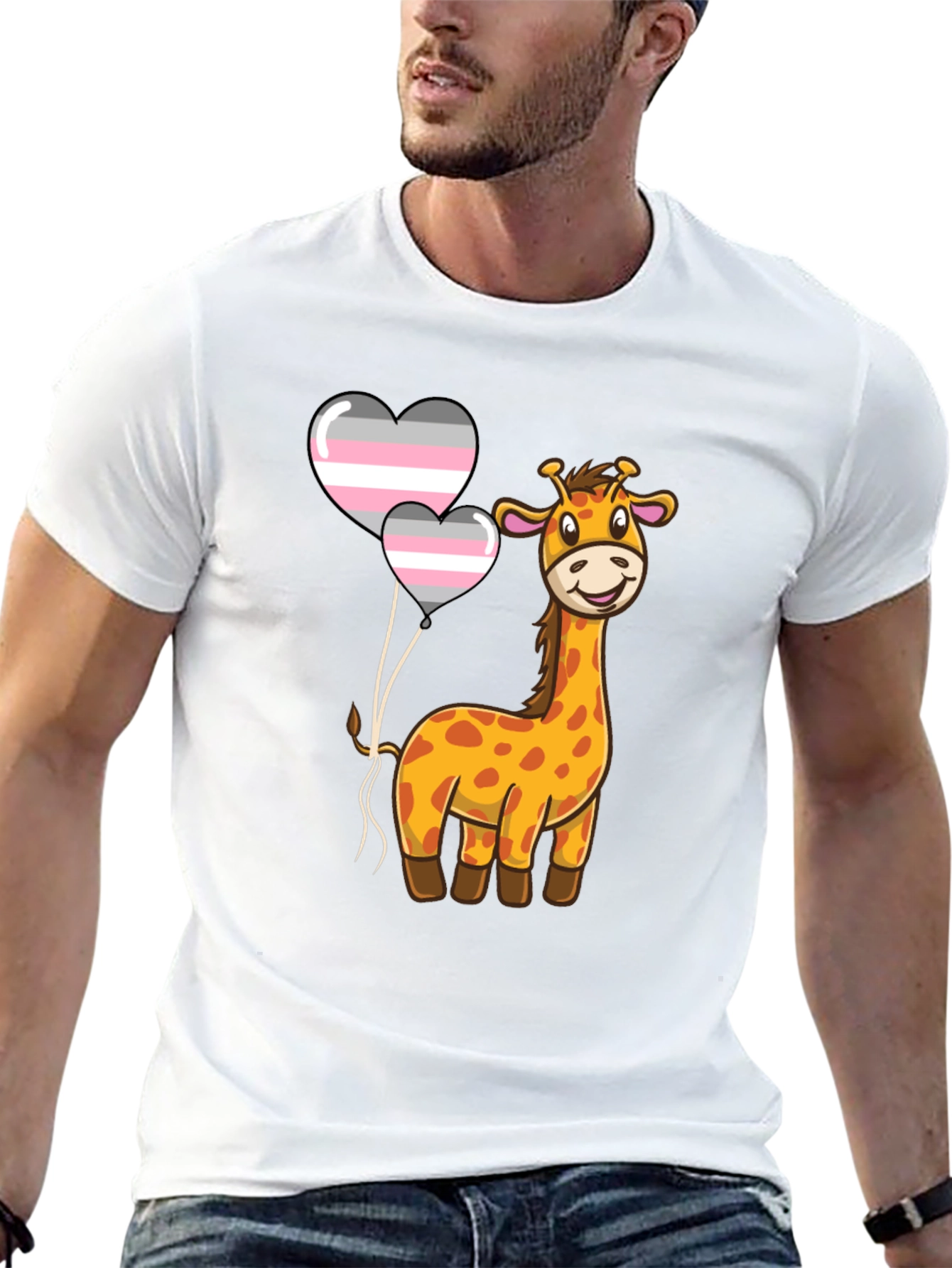 Black Giraffe with Demigender Pride Balloons T-Shirt view 13