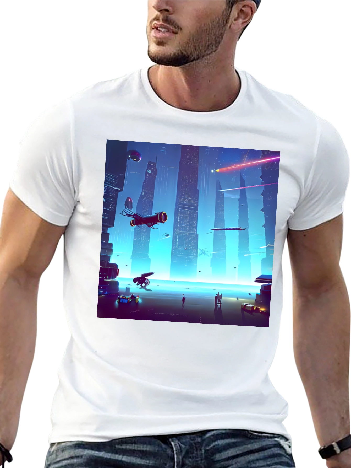 Black Sci-Fi Cityscape Black T-Shirt view 13