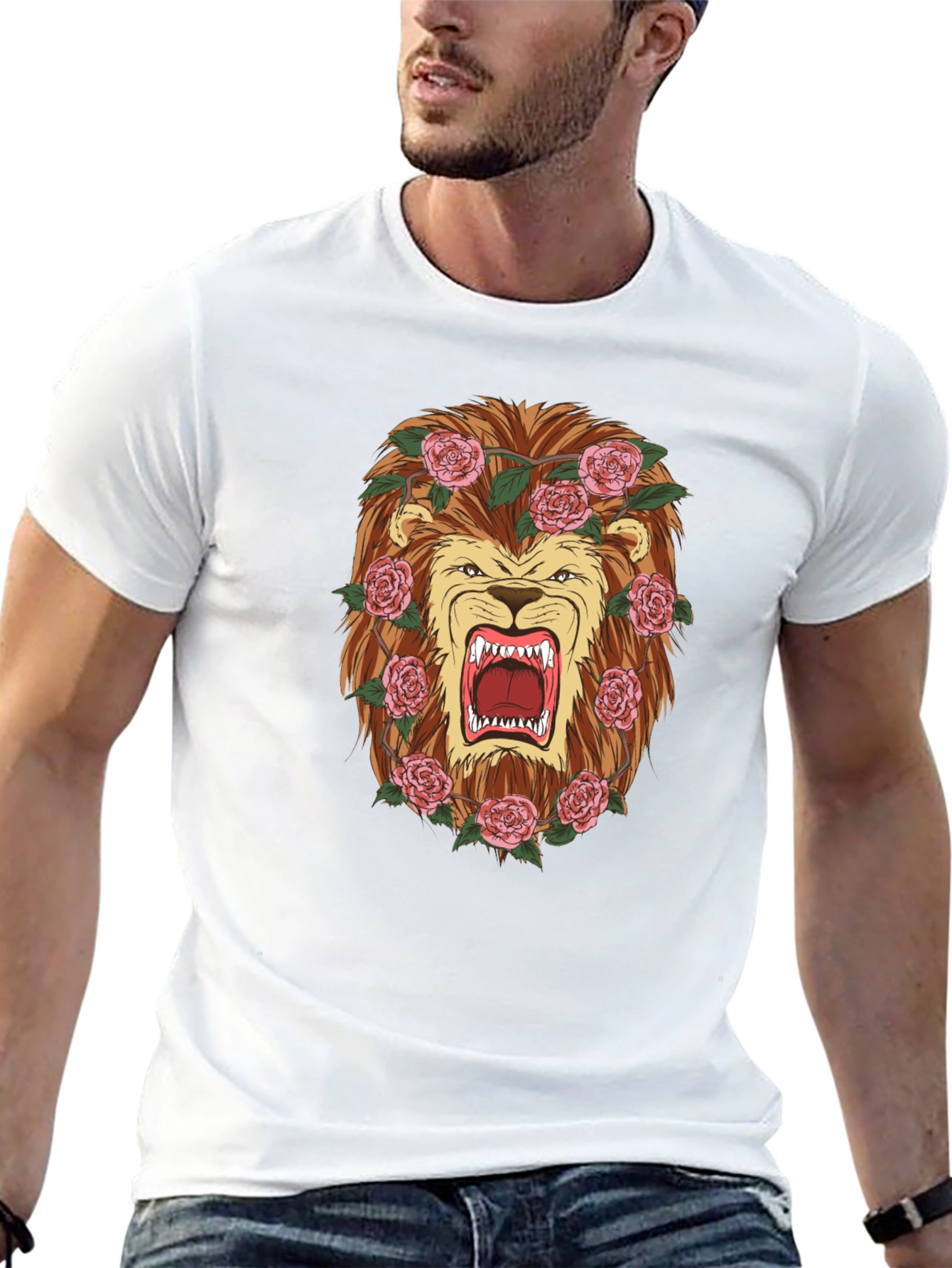 Black Lion & Roses Graphic T-Shirt - Men's Black Tee view 13