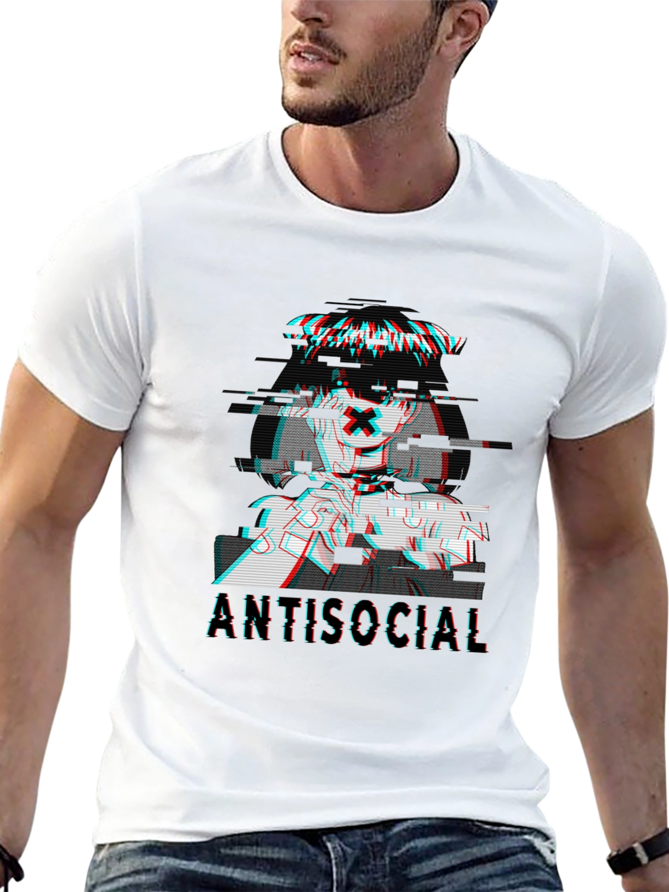 Black Antisocial Glitch Anime T-Shirt - Black view 13