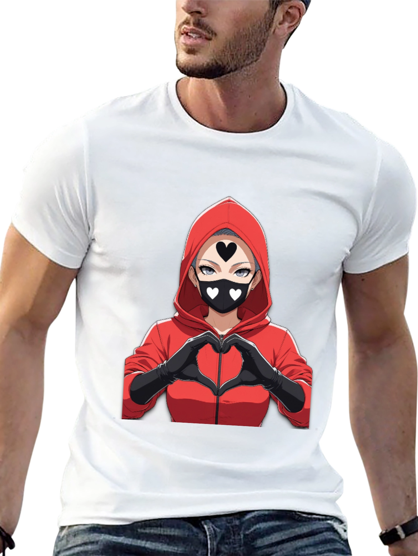 Black Anime Heart Mask T-Shirt - Black Cotton Tee view 13