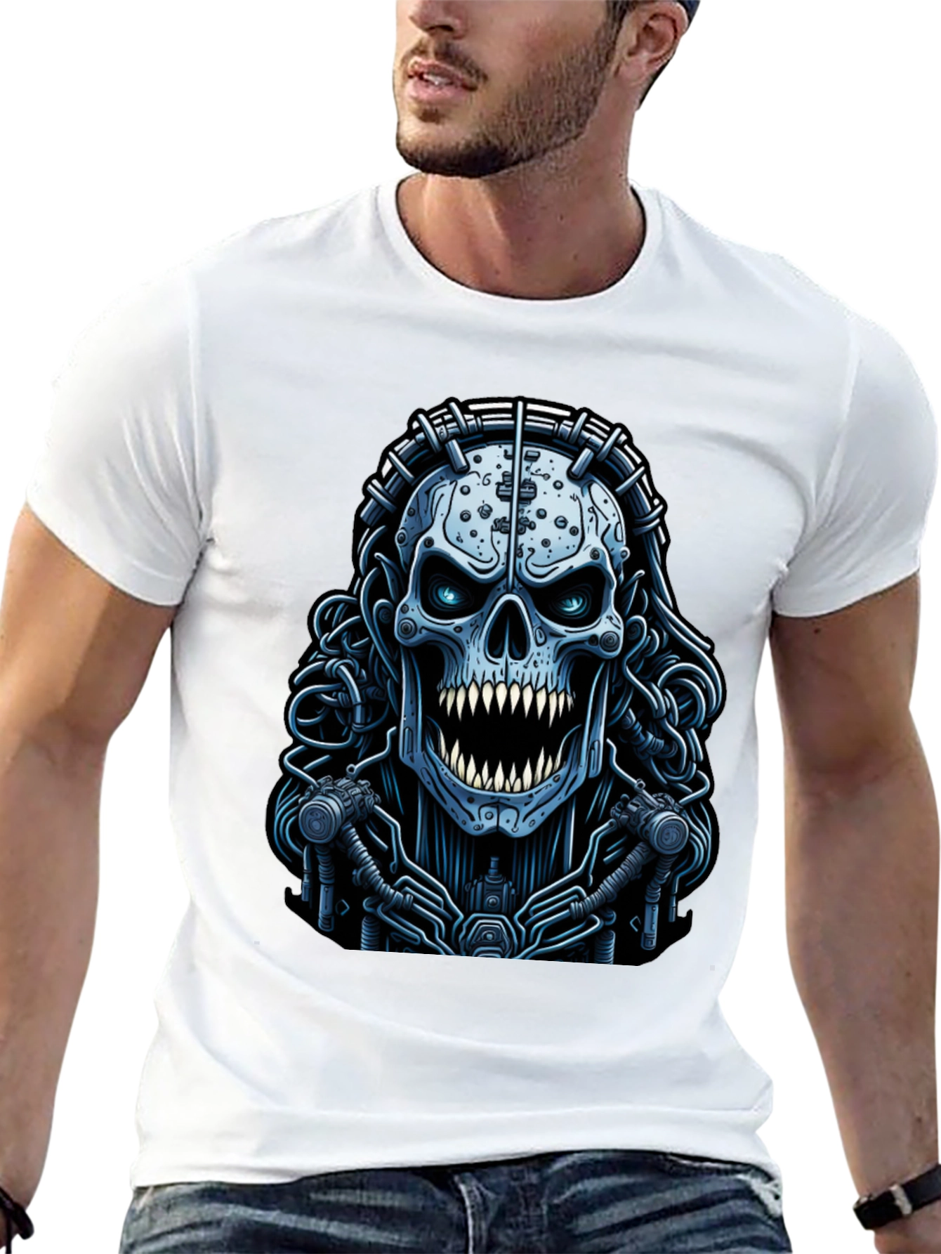 Black Cyberpunk Skull Graphic Tee - Unique Dark Apparel view 13