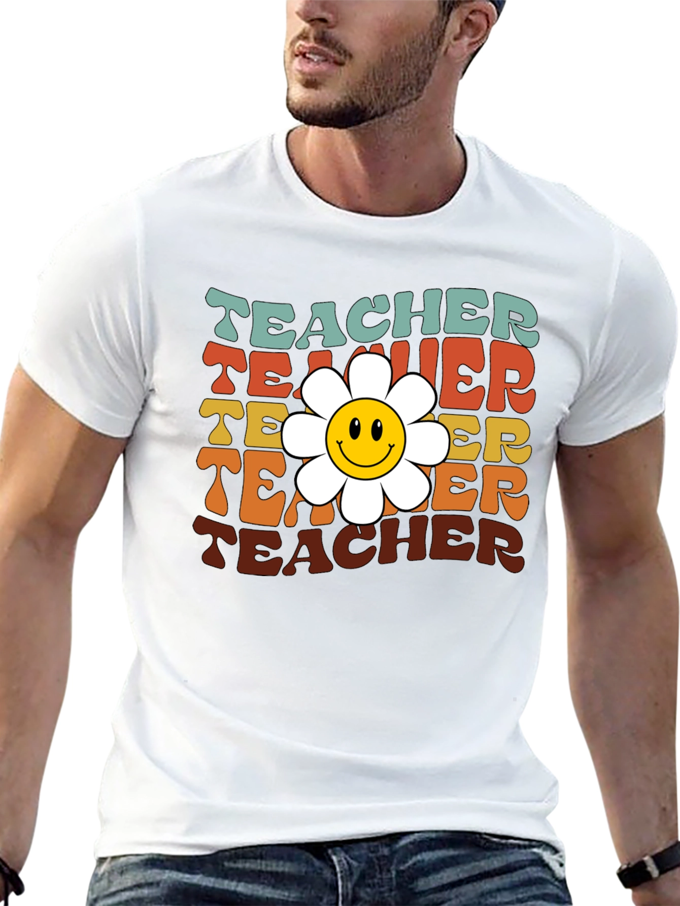 Black Retro Teacher Smiley Flower T-Shirt view 13