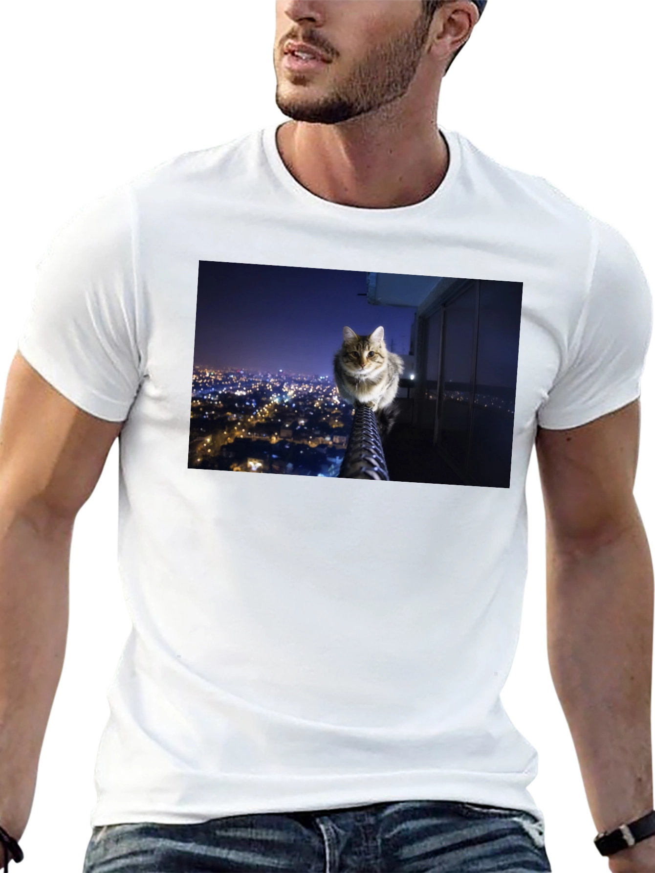 Black Cat on City View T-Shirt view 13
