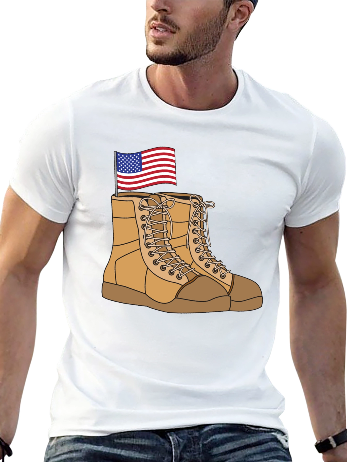 Black Graphic Tee with Boots and Flag Design view 13