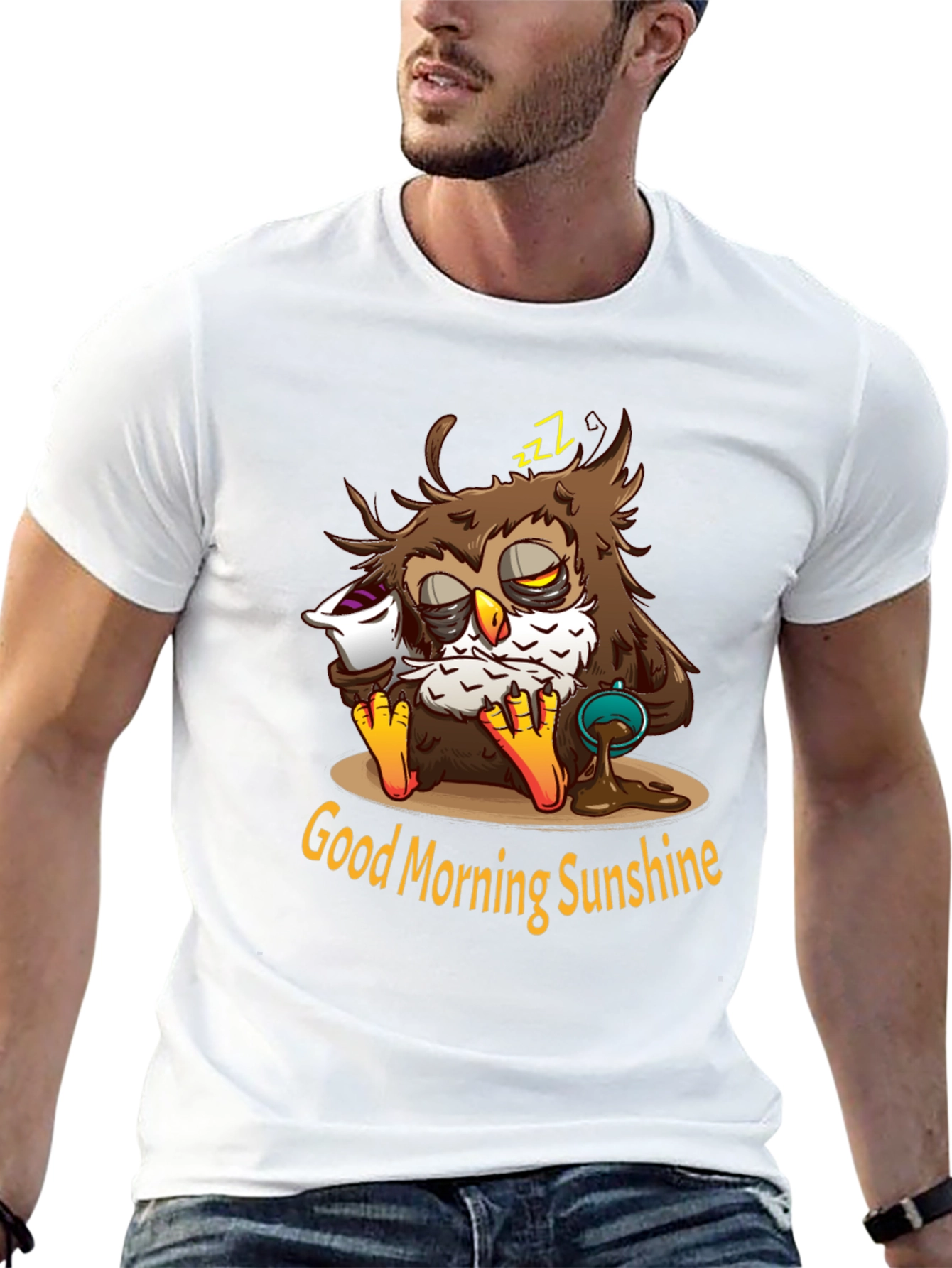 Black Funny Sleepy Owl Coffee T-Shirt - Good Morning Sunshine view 13