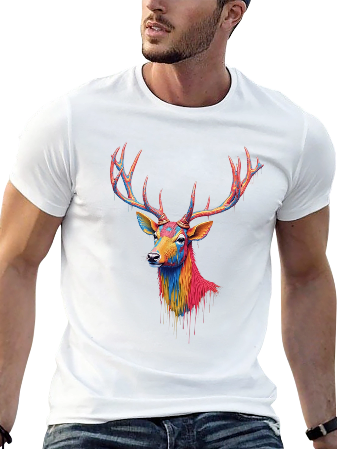 Black Colorful Deer Graphic Black T-Shirt view 13