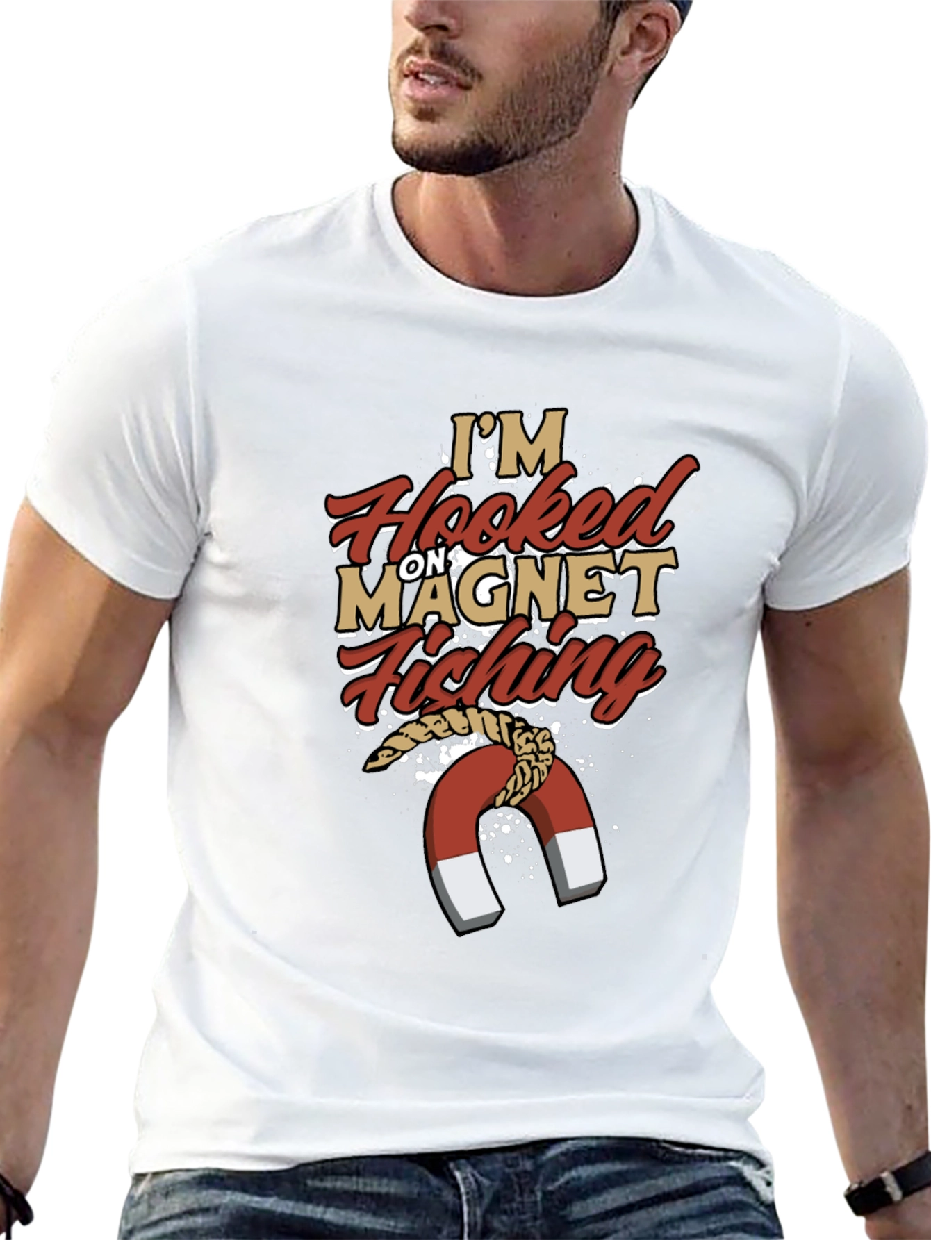 Black Hooked on Magnet Fishing T-Shirt, Men's Novelty Tee view 13