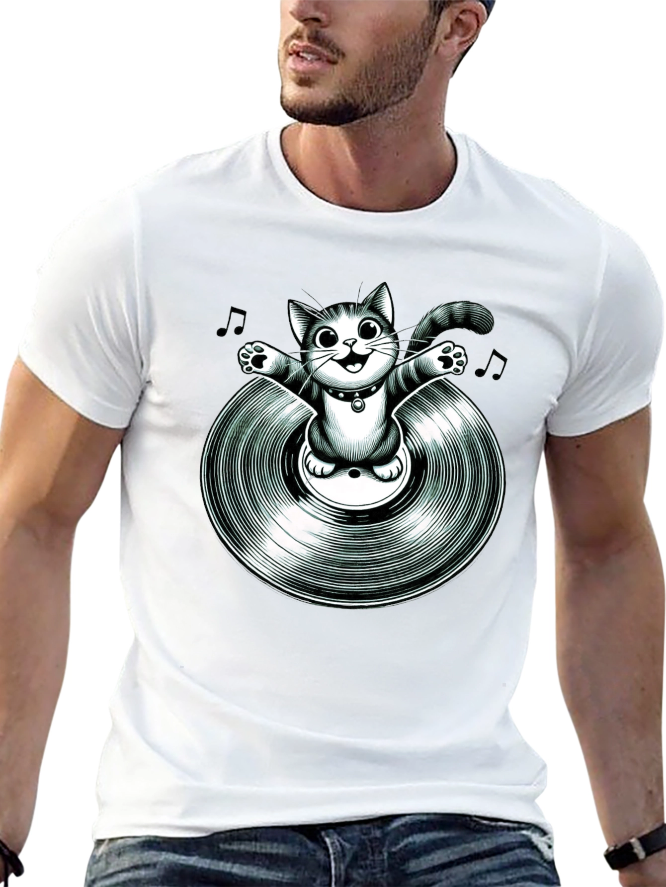 Black Cool Cat on Vinyl Record Graphic T-Shirt view 13