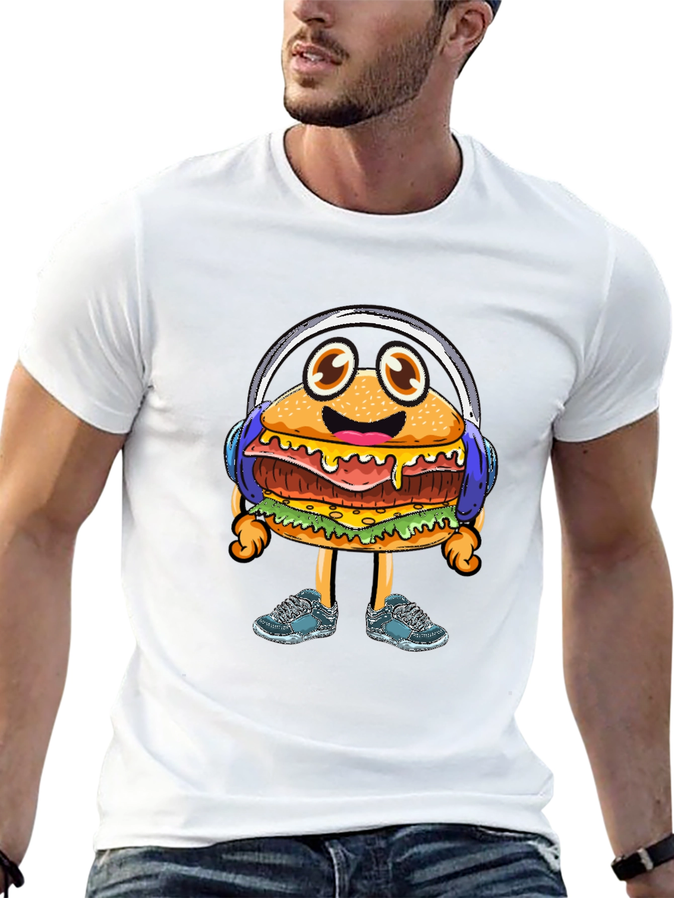 Black Burger Beats T-Shirt: Groovy Cartoon Foodie Tee view 13