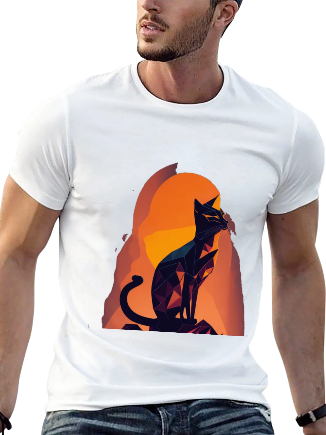 Black Geometric Cat Graphic Tee - Black Cotton Blend view 13