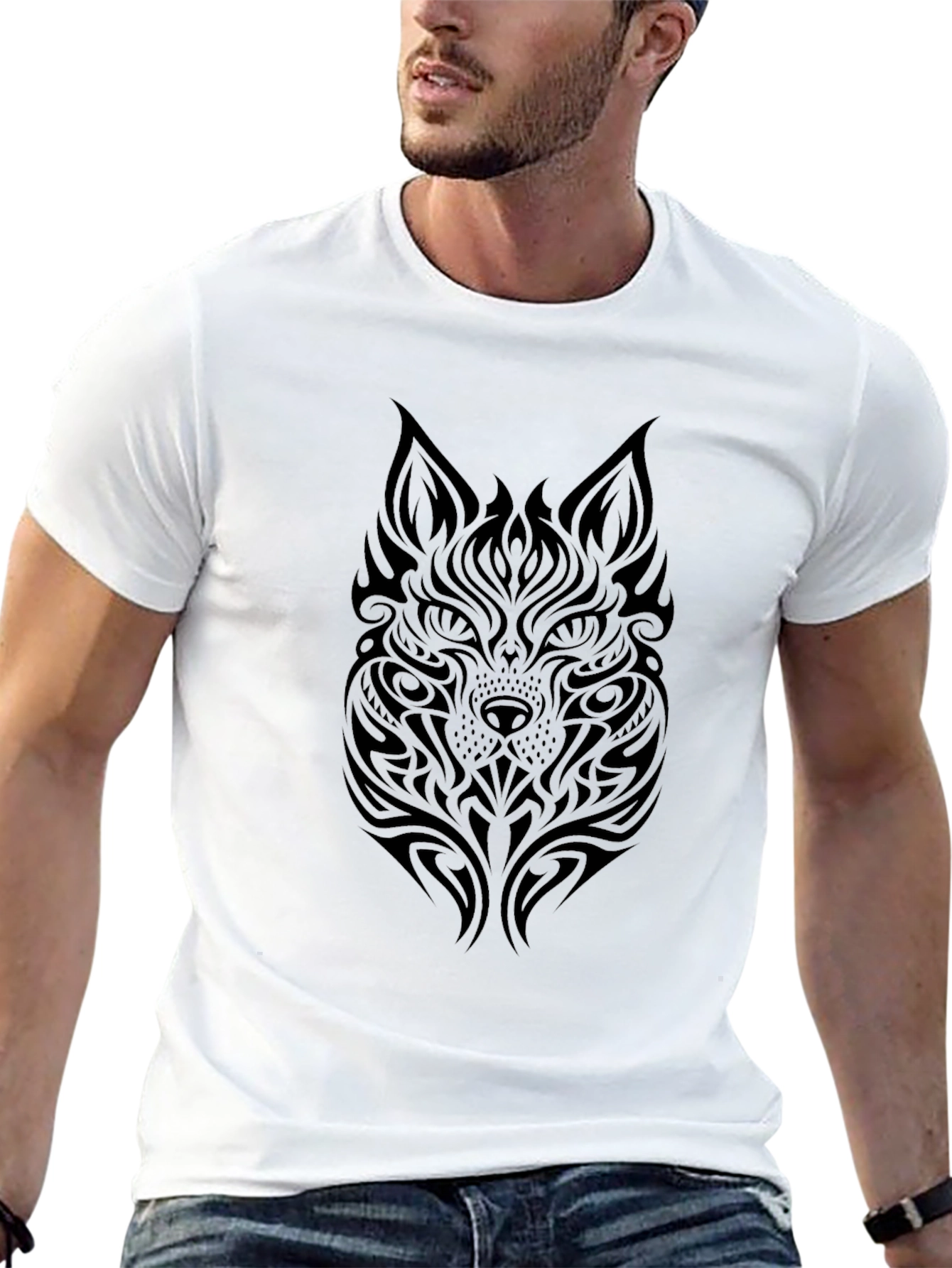 Black Tribal Wolf Graphic Tee - Soft Black Cotton T-Shirt view 13