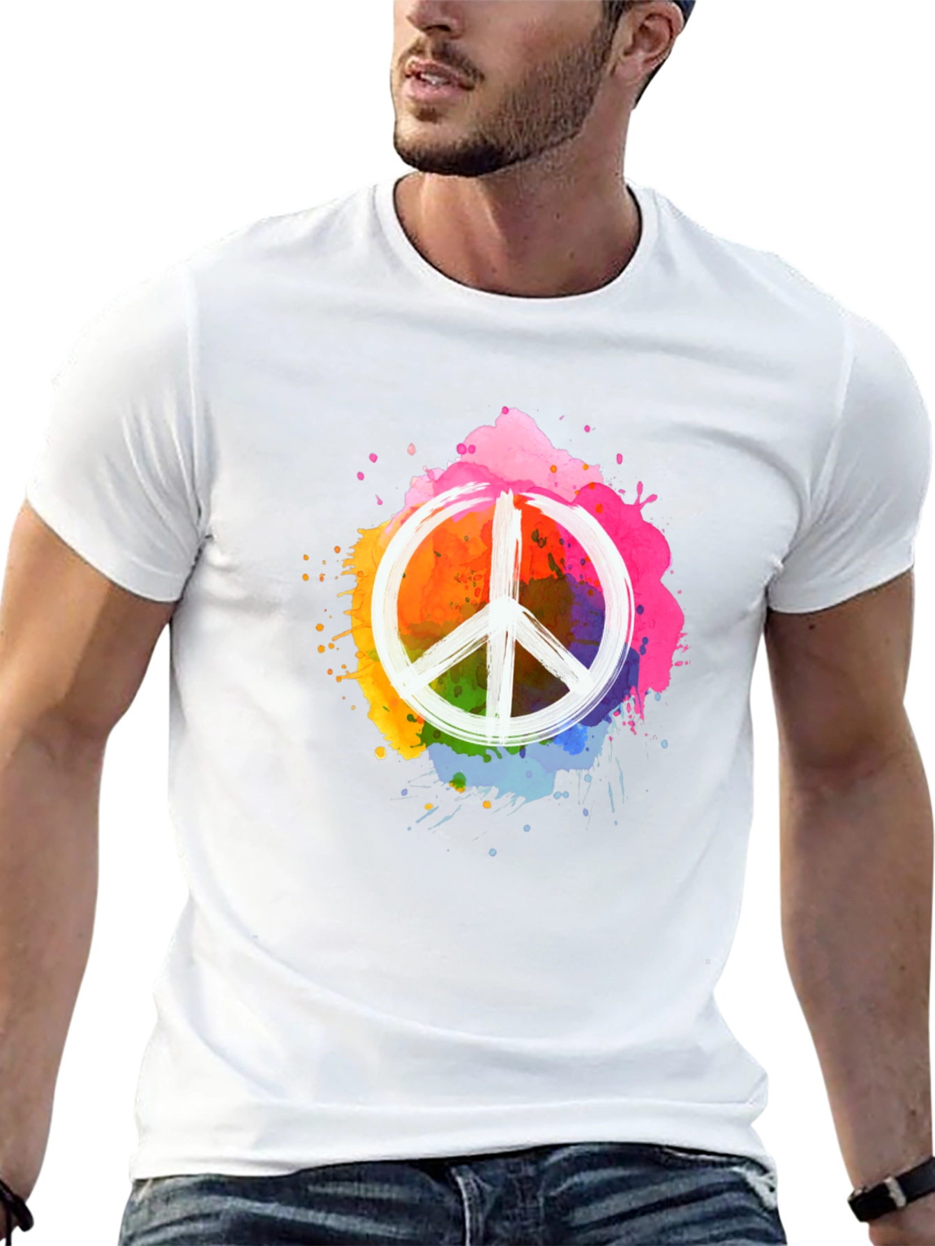 Black Peace Sign Colorful Splatter Black T-Shirt view 13