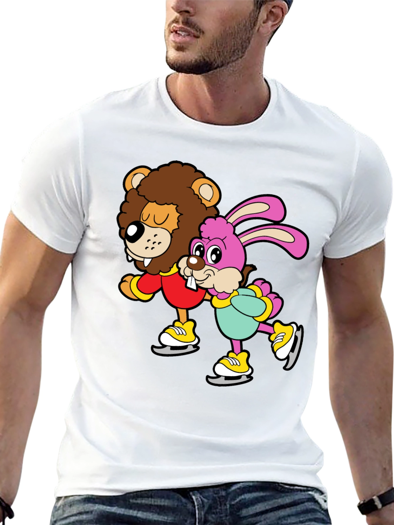 Black Lion & Bunny Ice Skating Cartoon Graphic T-Shirt view 13