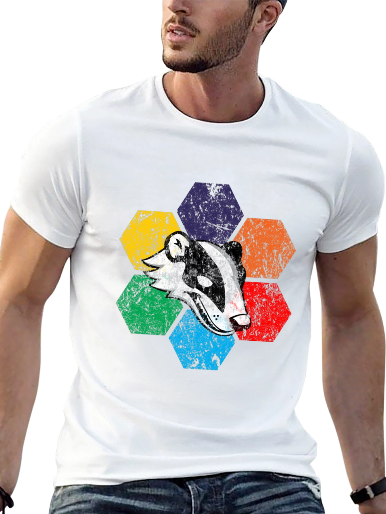 Black Retro Badger Hexagon T-Shirt - Unique Graphic Tee view 13