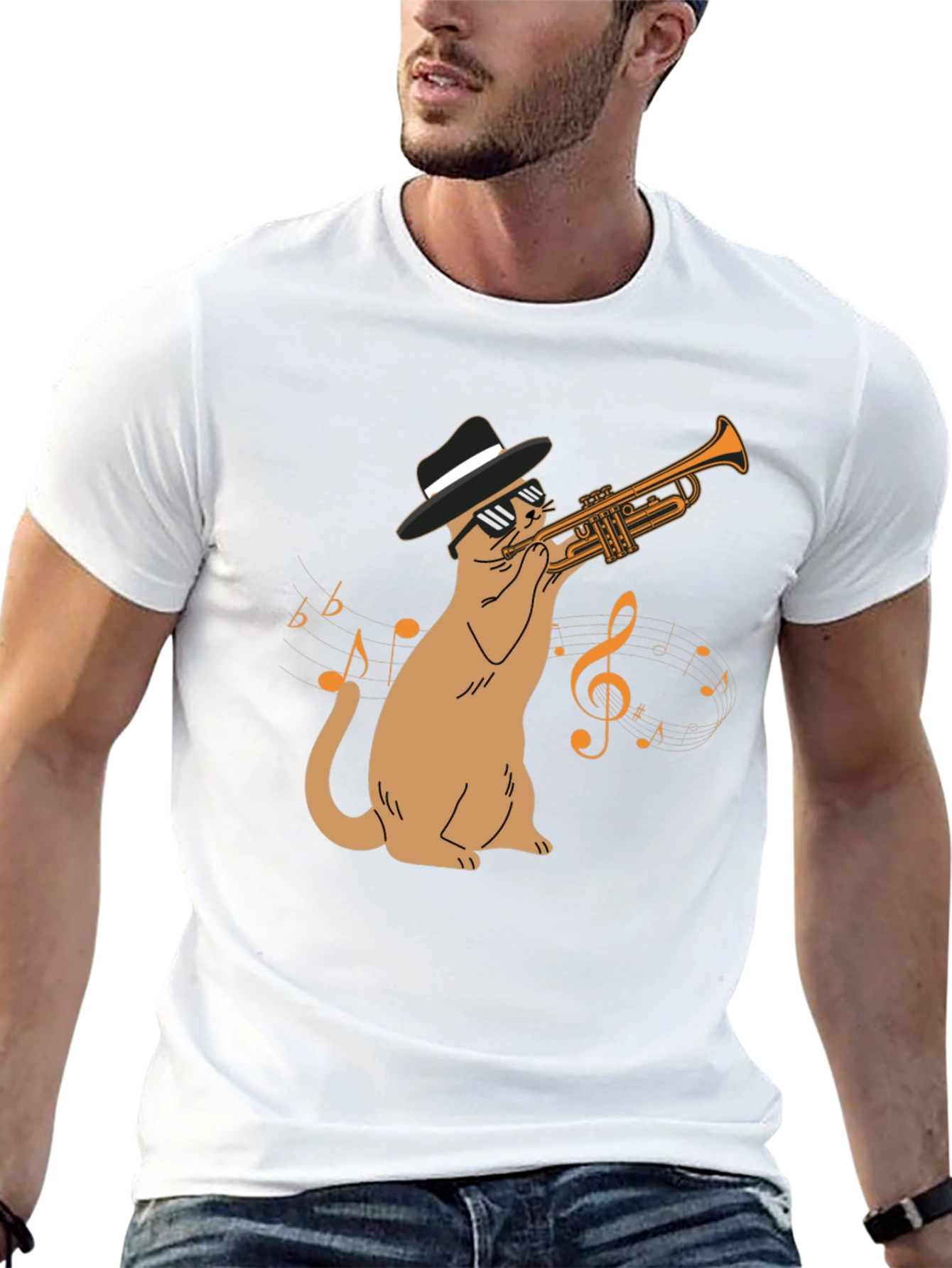 Black Cool Cat Trumpet Player T-Shirt - Black view 13