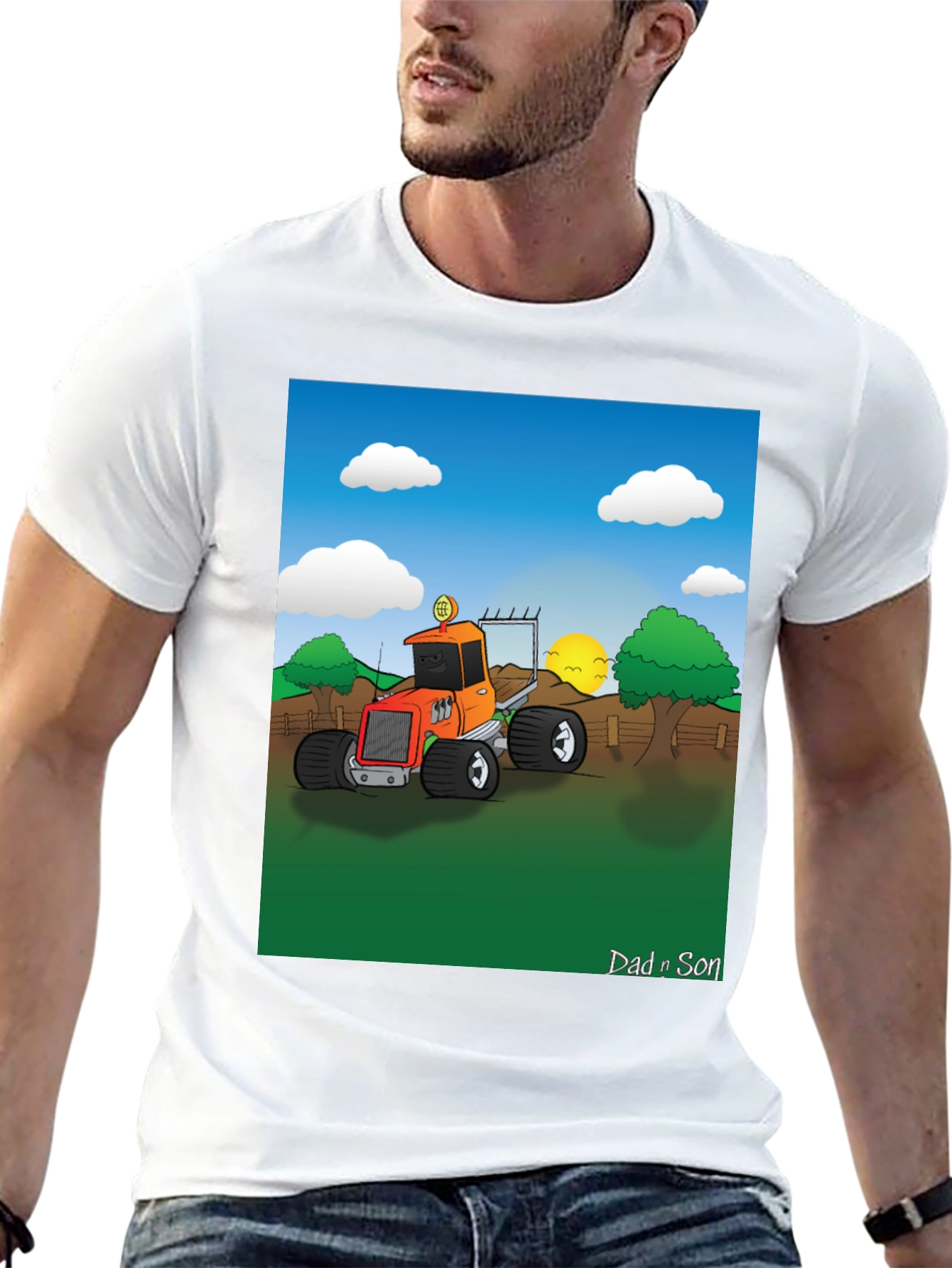 Black Dad n Son Cartoon Tractor T-Shirt view 13