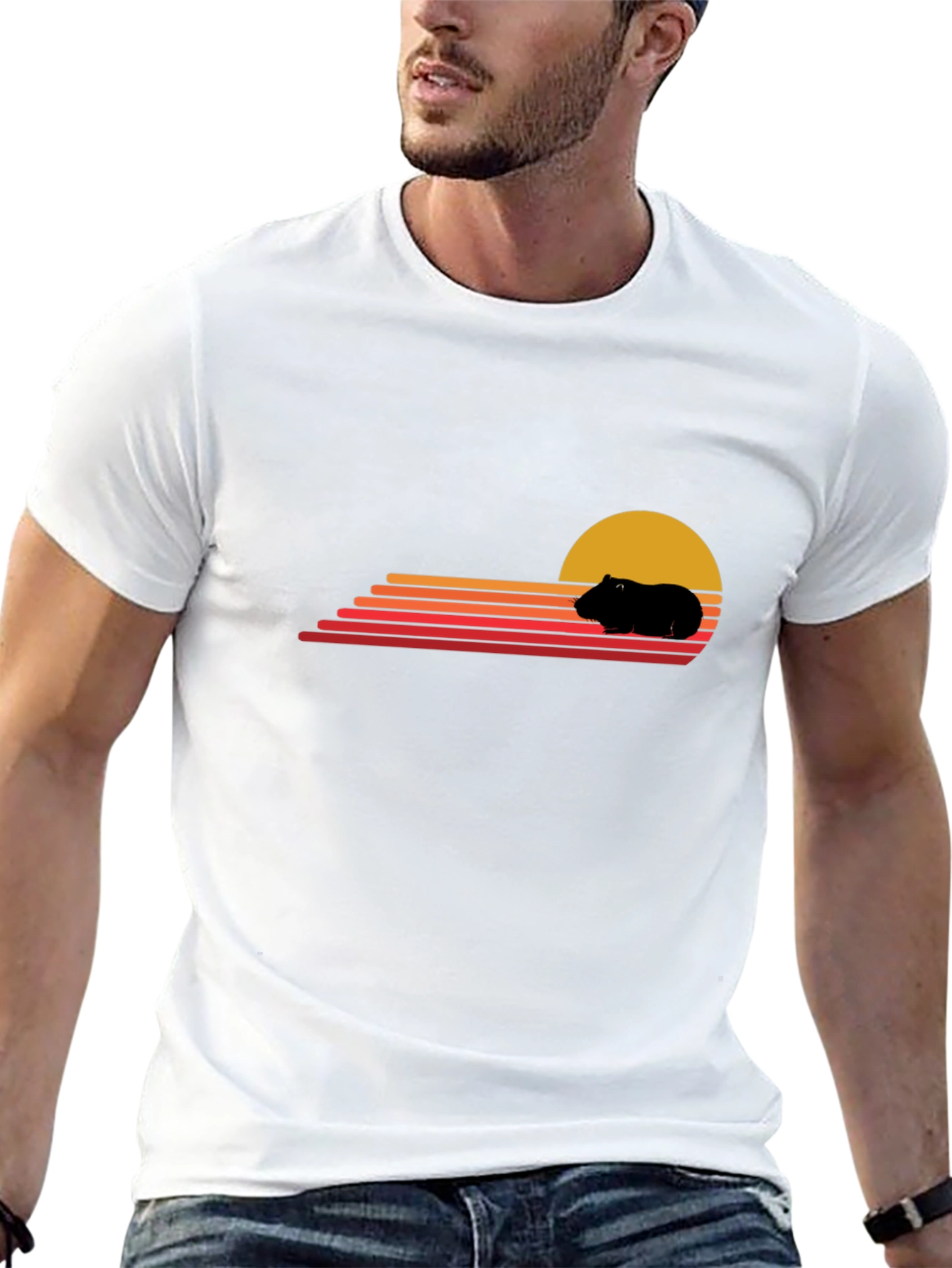 Black Retro Guinea Pig Sunset T-Shirt view 13