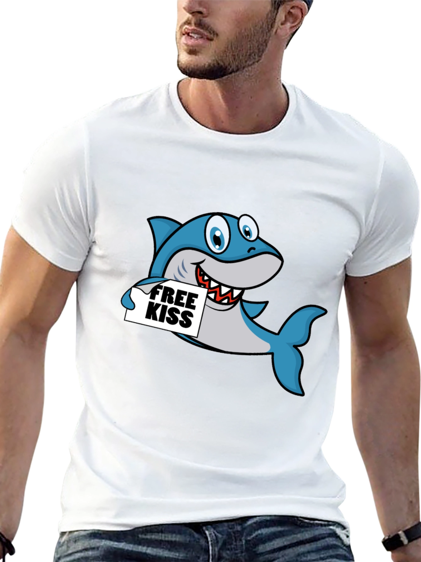 Black Funny Shark Free Kiss Graphic Tee - Black view 13