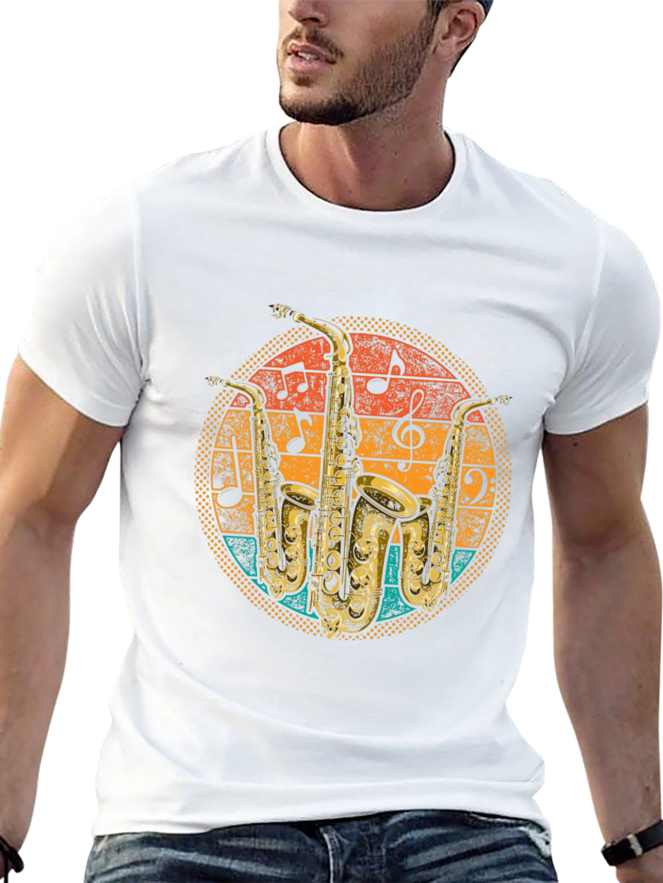Black Retro Saxophone Music T-Shirt view 13