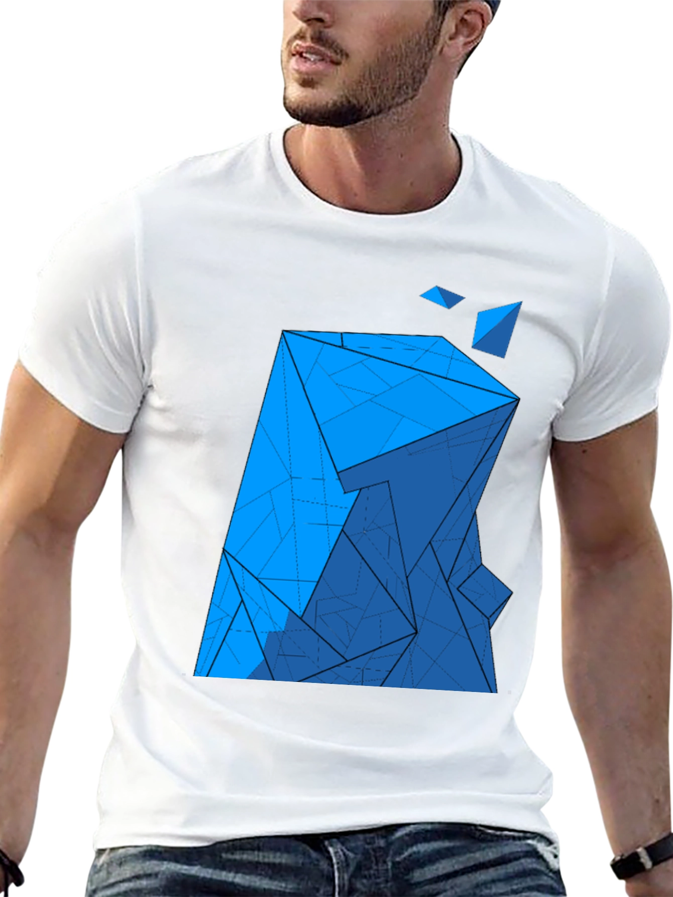 Black Abstract Blue Geometric Print Black T-Shirt view 13