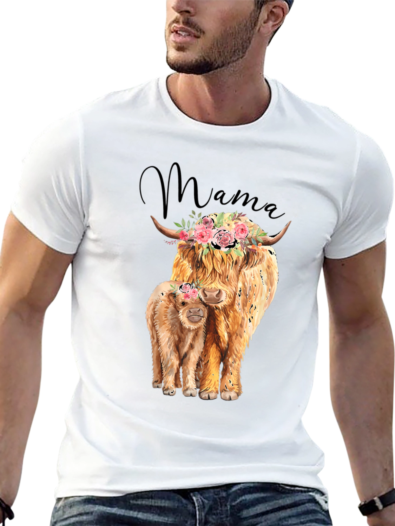 Black Mama Highland Cow T-Shirt: Floral Crowned Cow & Calf Tee view 13