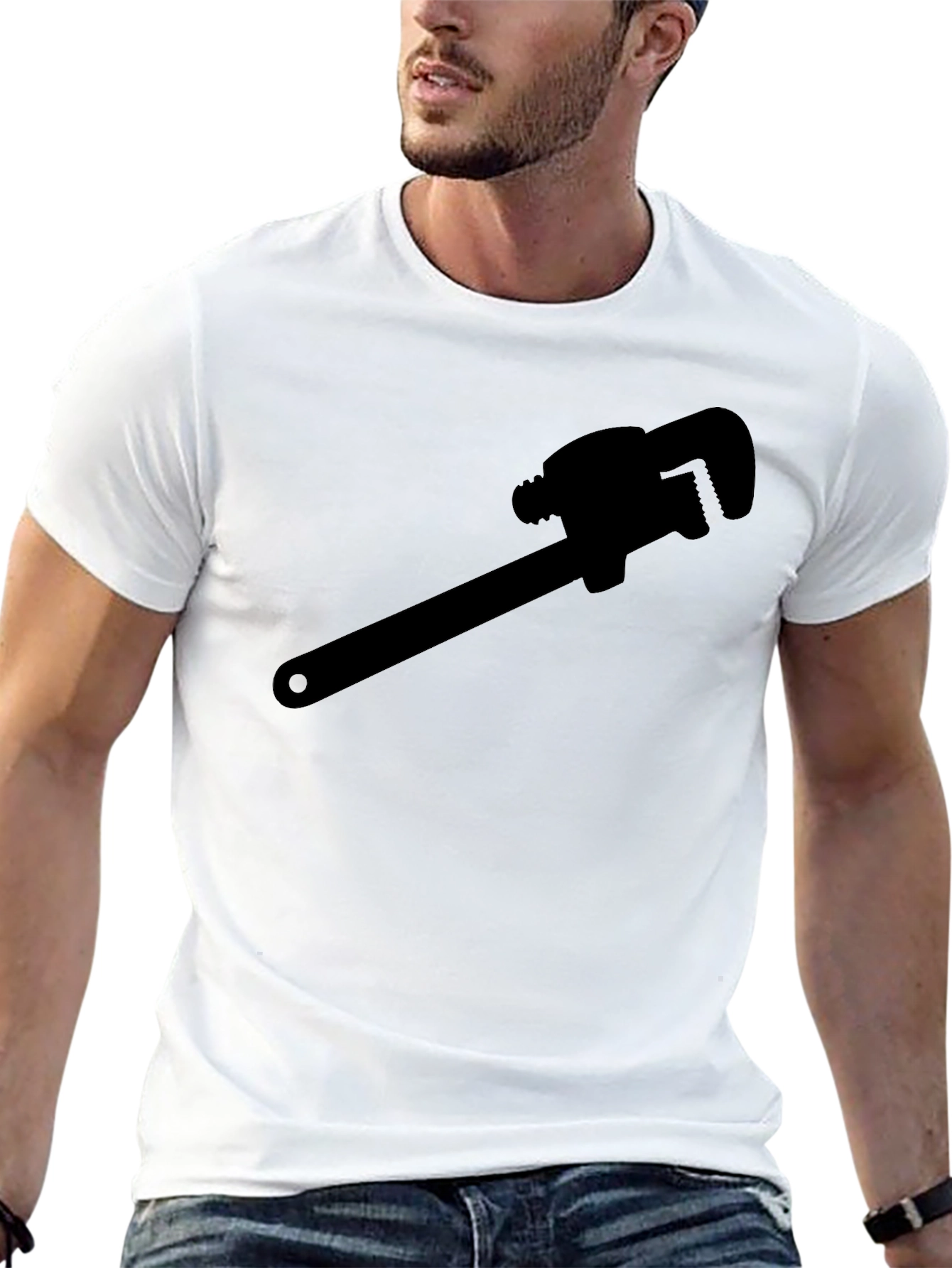 Black Plumber Wrench Graphic Tee - Black Cotton T-Shirt view 13